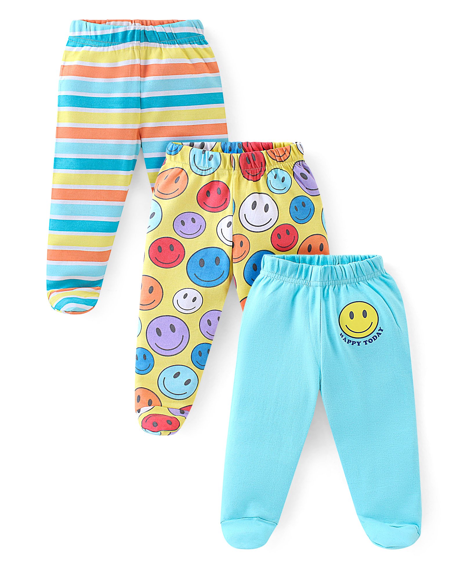 Babyhug Interlock Cotton Knit Striped Bootie Pants Smiley Print Pack of 3 - Blue & Red-image-31