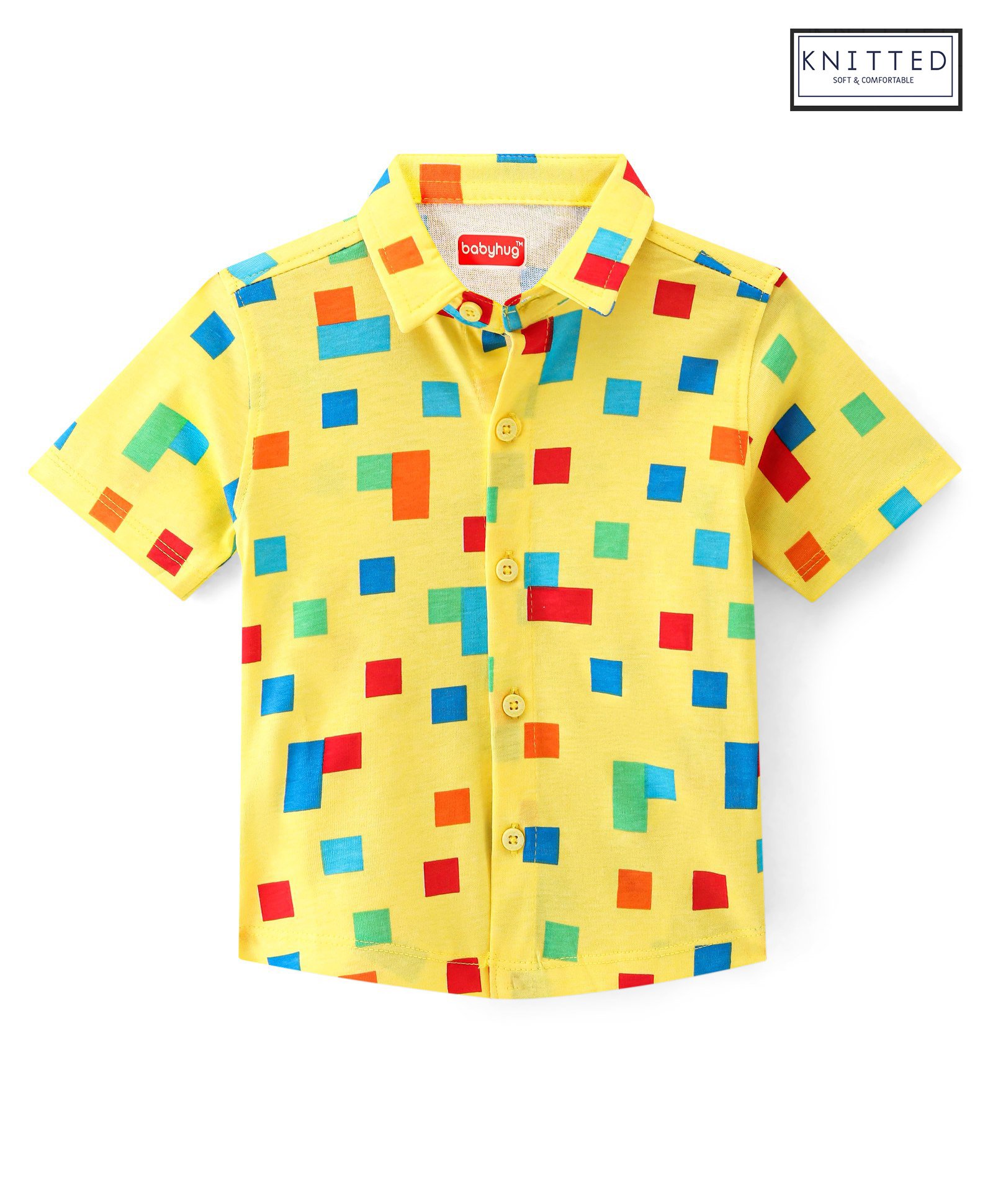 Babyhug 100% Cotton Knit Half Sleeve Regular Collar Shirt Square Print - Yellow-image-31