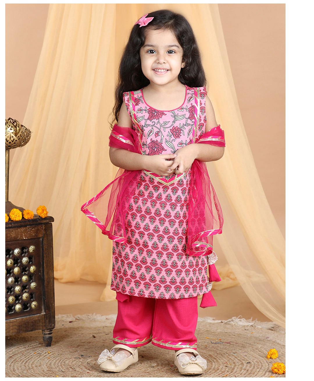 Kinder Kids Sleeveless Floral Printed Kurta With Pant And Dupatta - Pink-picture-11