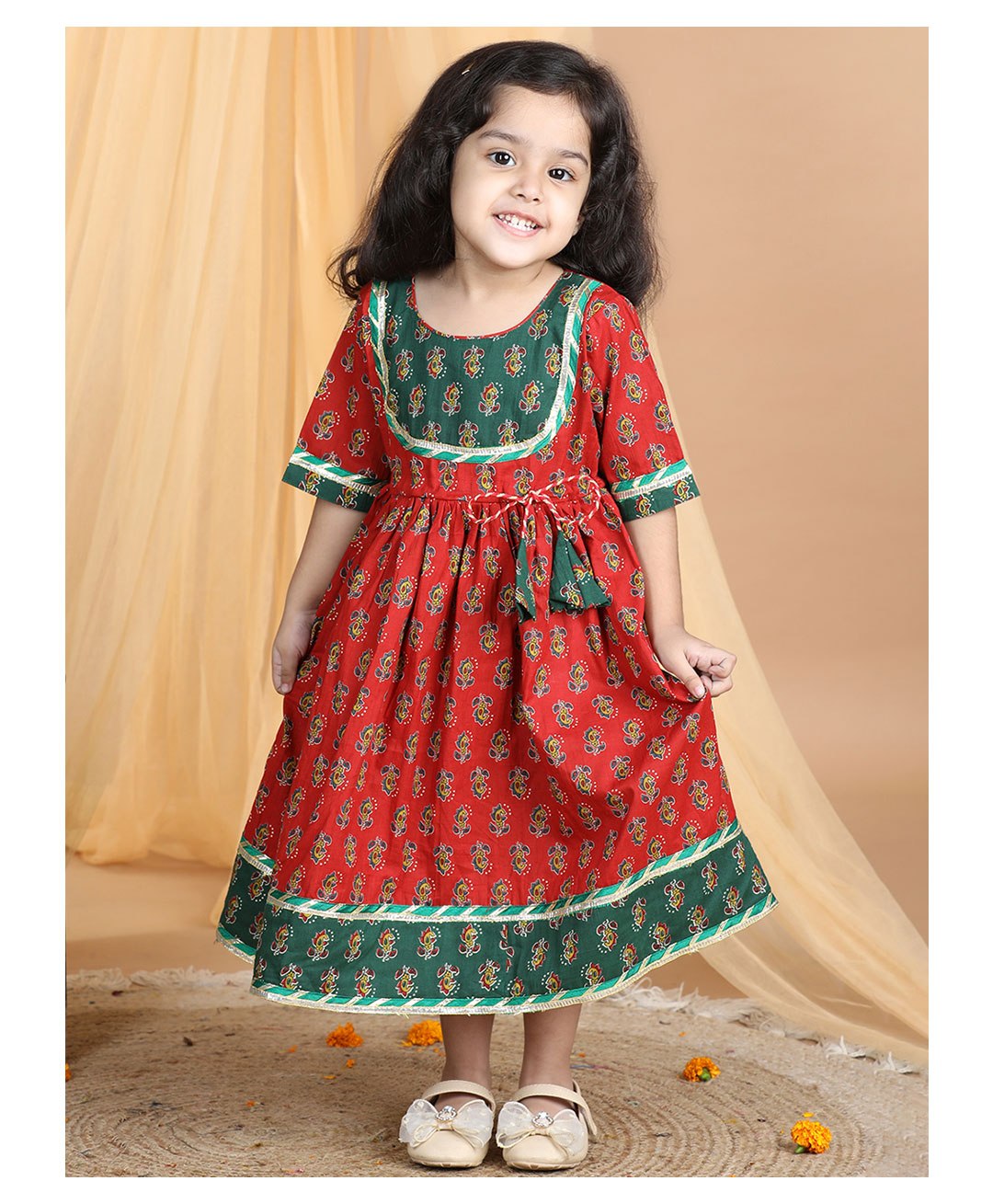 Kinder Kids Half Sleeves Floral Motif Printed & Lace Embellished Dress - Red-image-25
