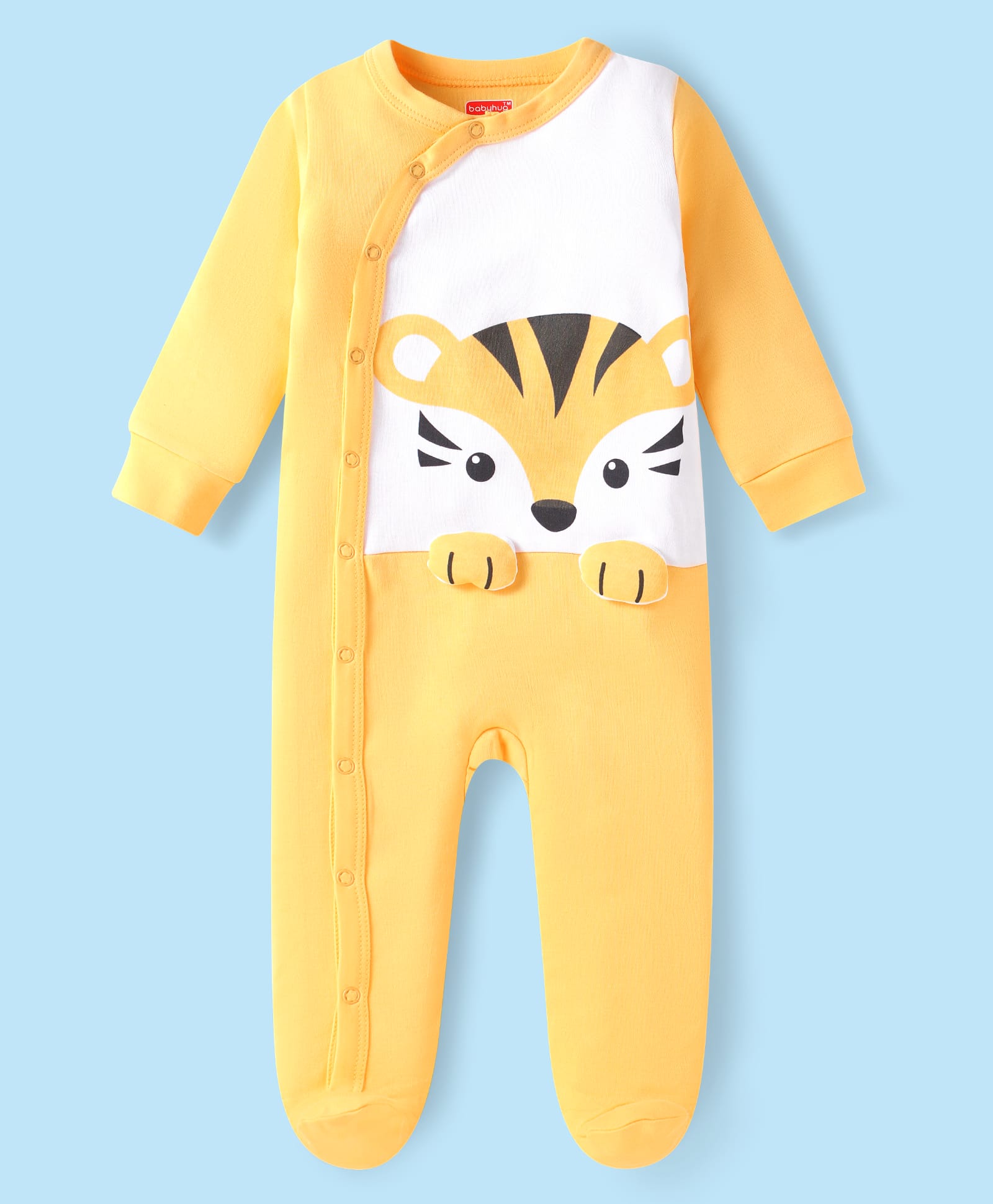 Babyhug Cotton Interlock Knit Full Sleeves Tiger Printed Footed Sleepsuit - Yellow-image-17