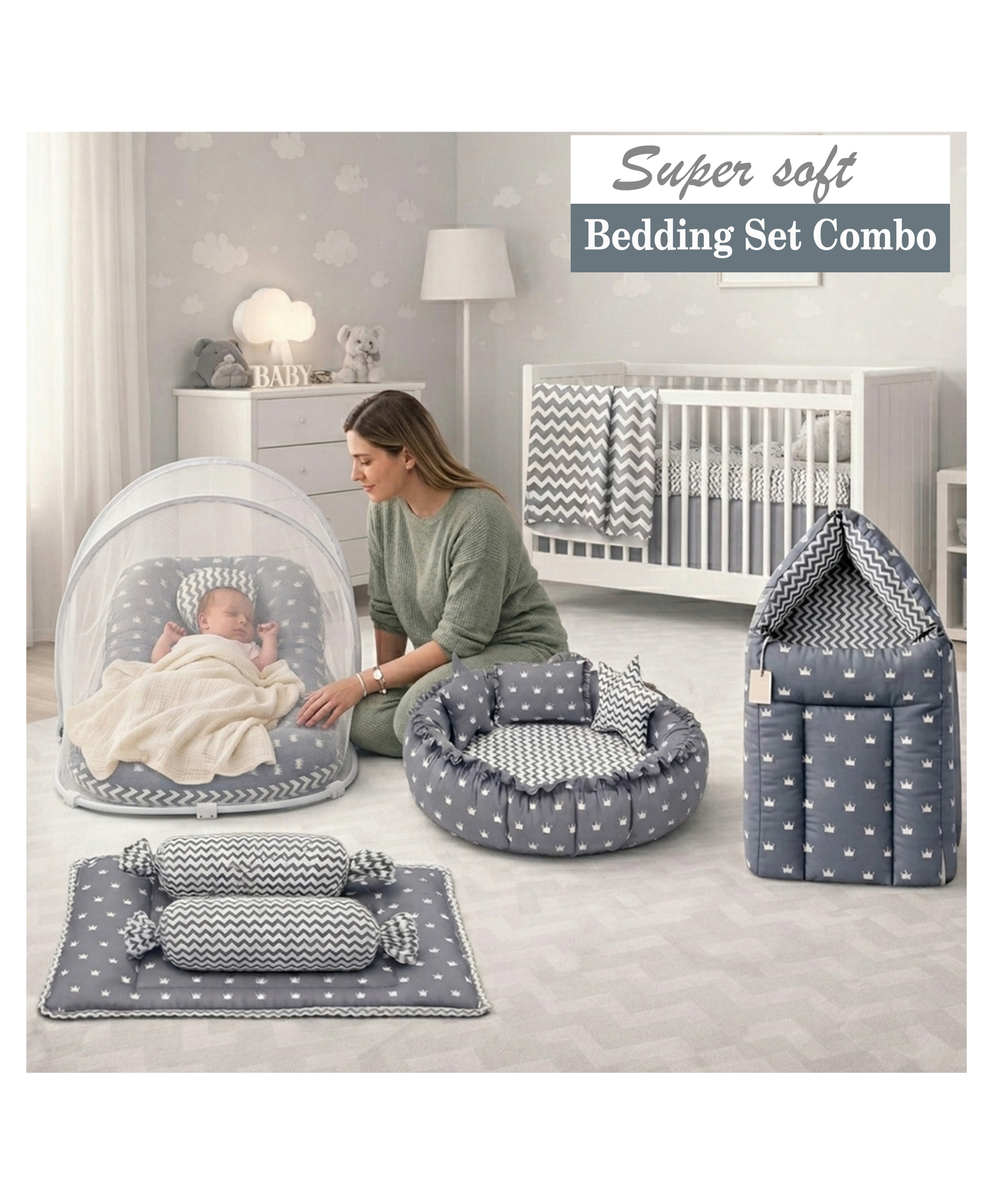 Fareto Complete Bedding Set essentials Combo For Baby - Crown grey-picture-31