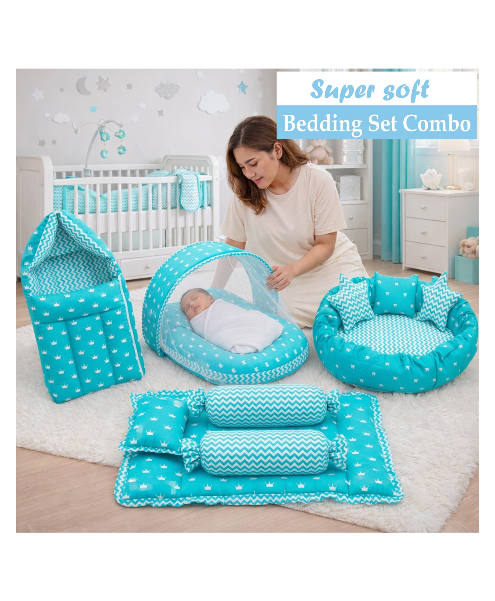 Fareto Complete Bedding Set essentials Combo For Baby - Crown Blue-picture-28