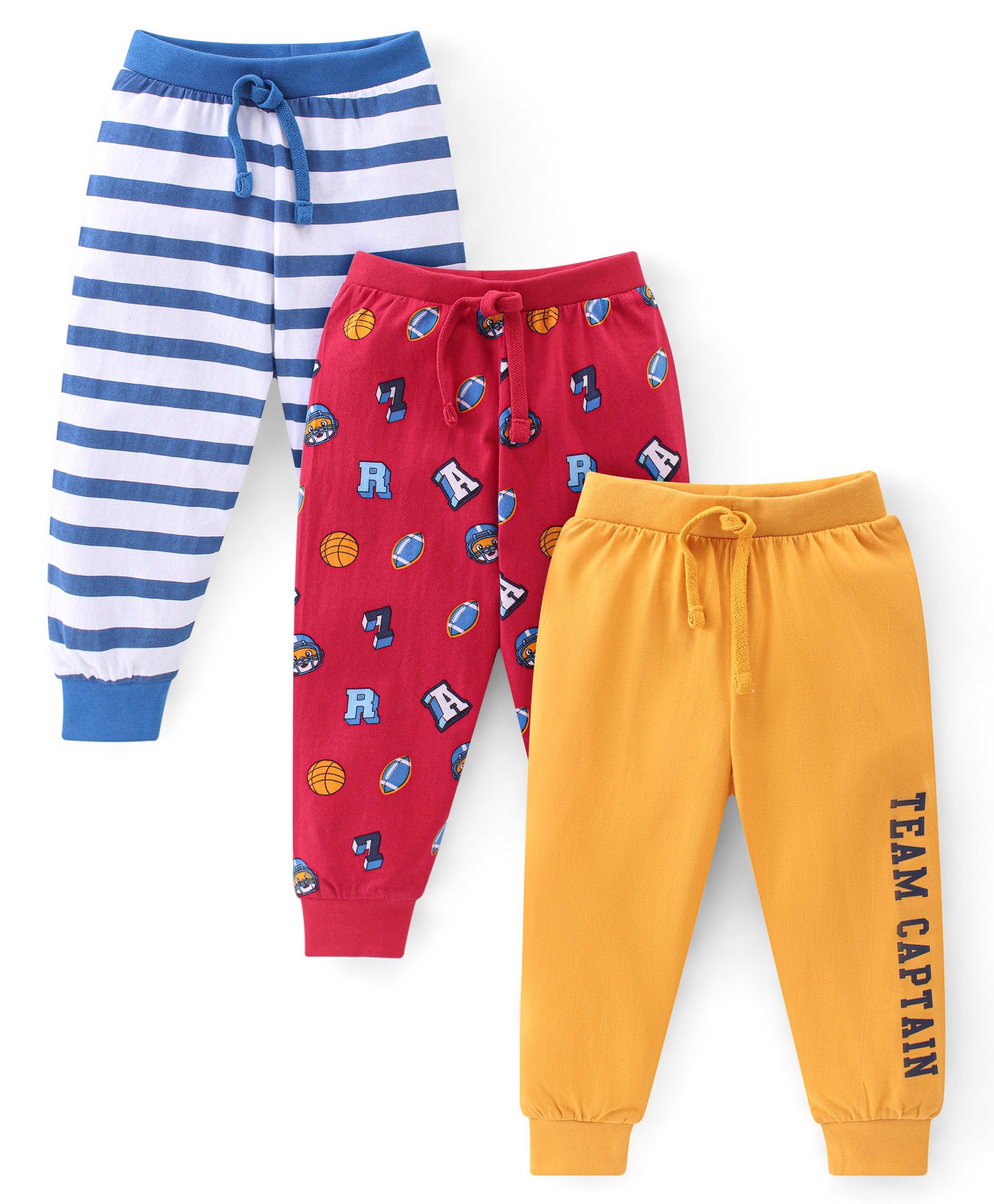 Babyhug Cotton Looper Full Length Lounge Pant With Text Print Pack Of 3 - Navy Blue Yellow & Red-image-24