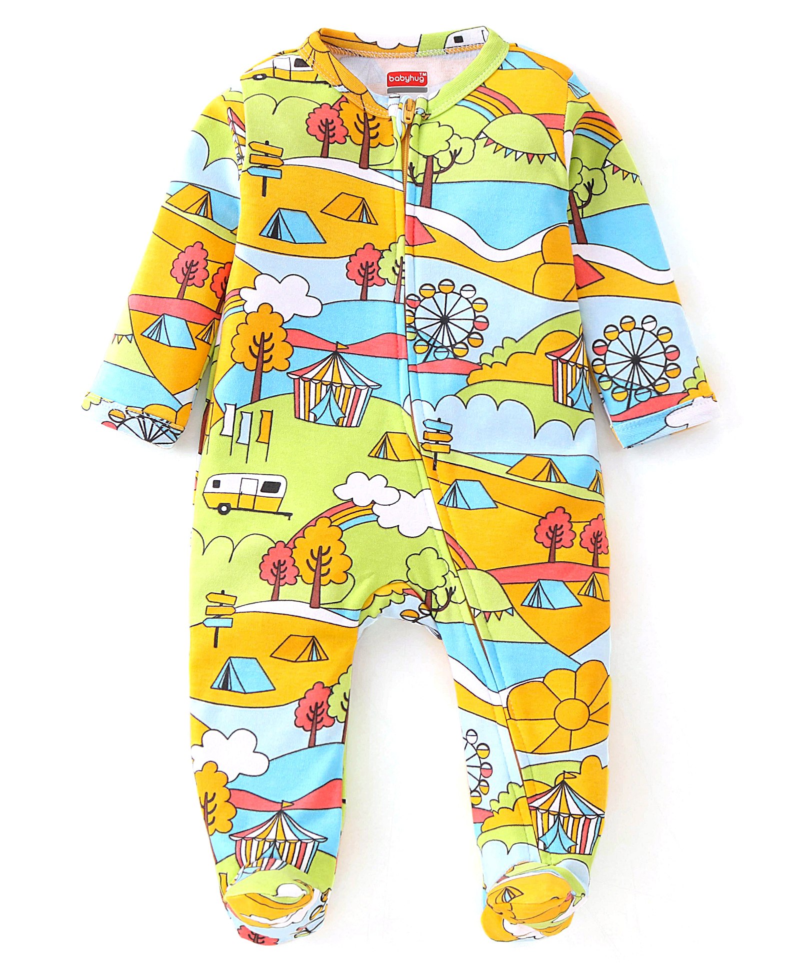 Babyhug Cotton Knit Full Sleeves Sleepsuit With Park Theme Print - Yellow & Green-picture-11