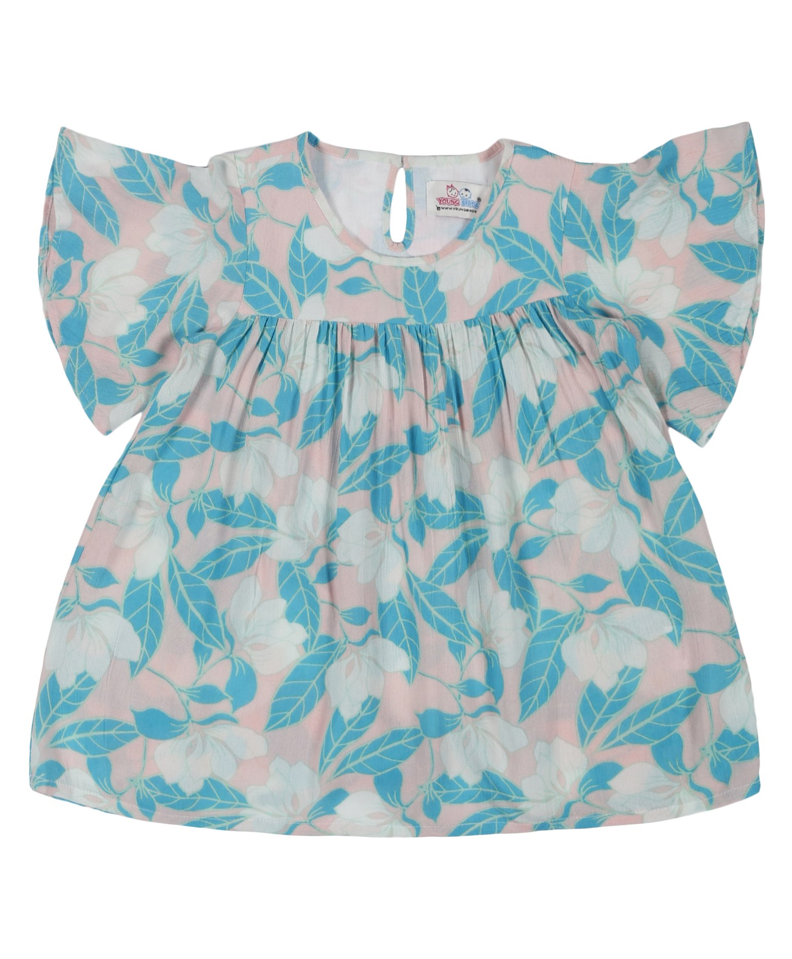 Young Birds Half Sleeves Floral & Leaves Printed Fit & Flared Top - Pink-image-3