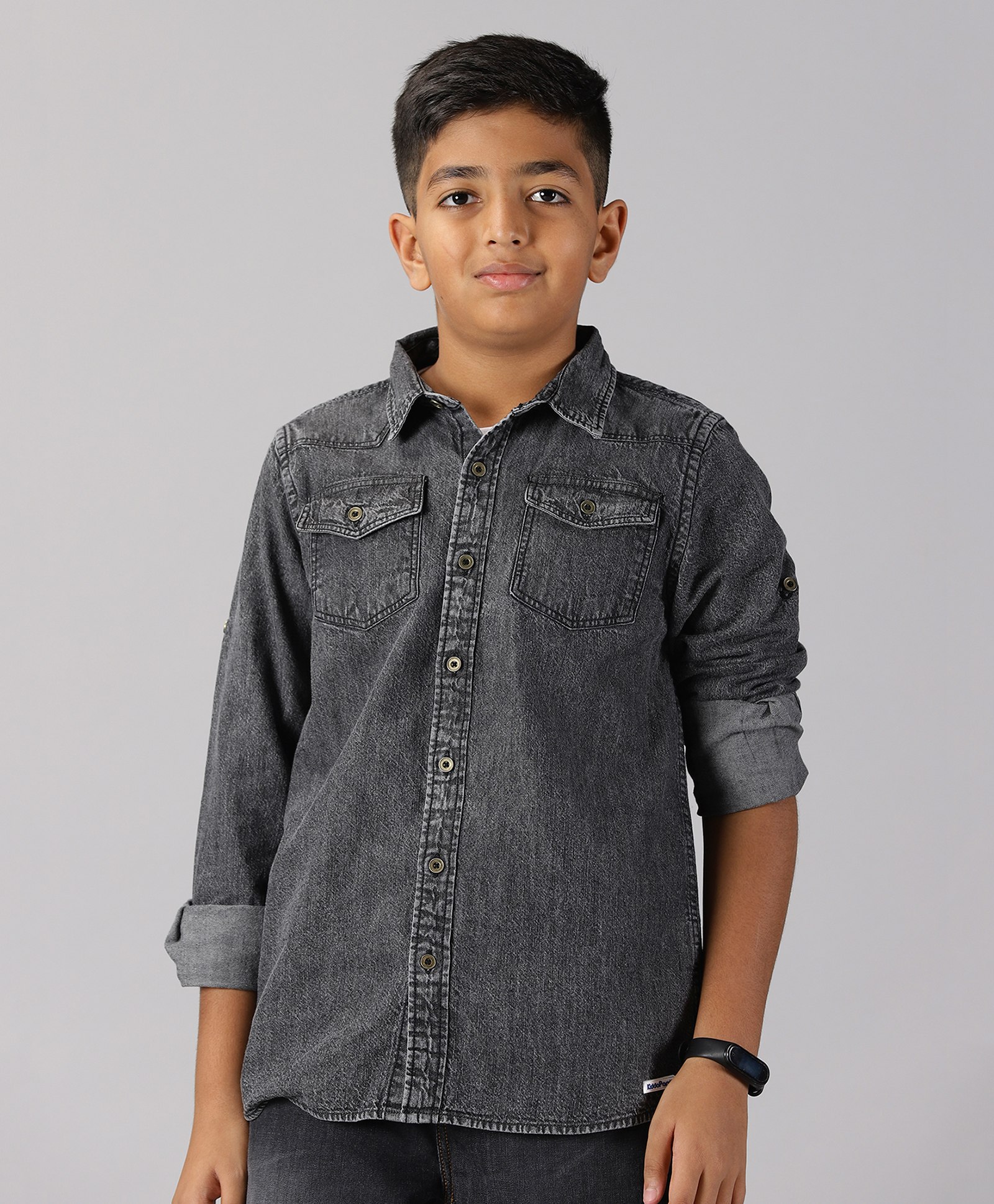 Kiddopanti Full Sleeves Solid  Double Pocket Denim Shirt - Black-picture-28