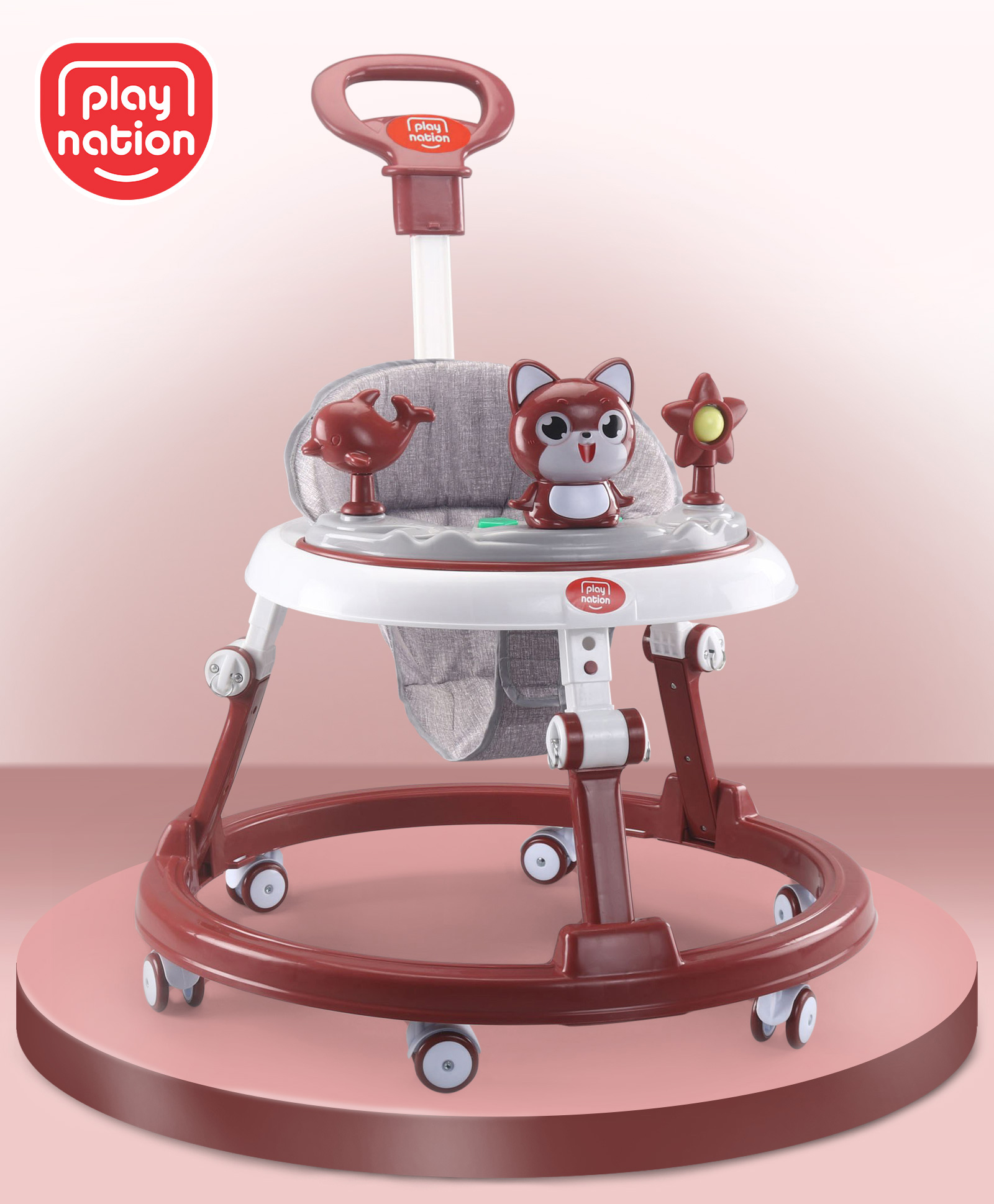 Play Nation Multifunctional 360 Degree Baby Walker with 2 level Height Adjustment & Musical Play Tray Cum Feeding Tray with Parent Handle-  Red-image-4