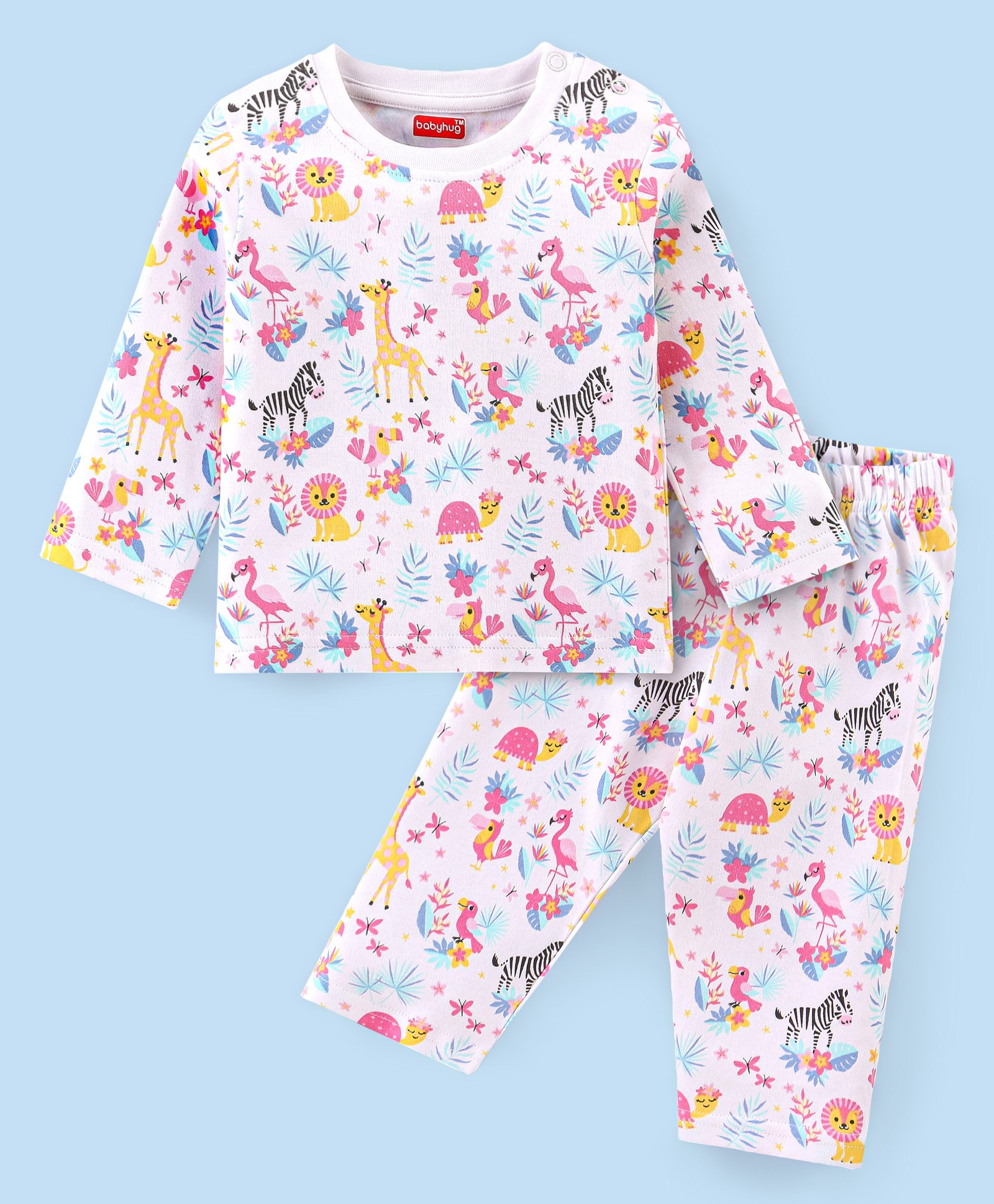 Babyhug Cotton Interlock Knit Full Sleeves Night Suit With Lion Print - White-image-28