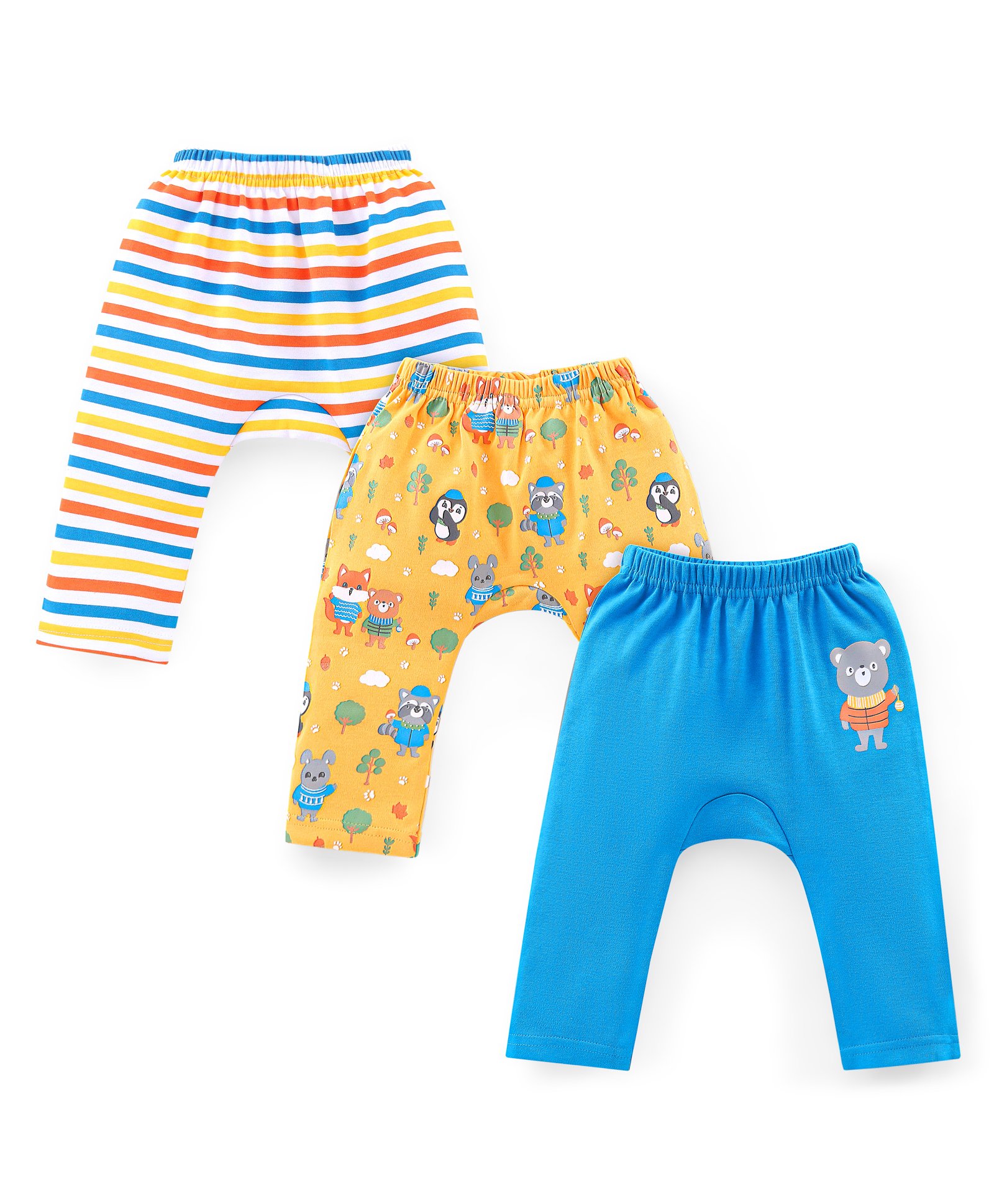Babyhug Cotton Knit Full Length Penguin Print Diaper Pants Pack of 3 - Multicolour-image-22