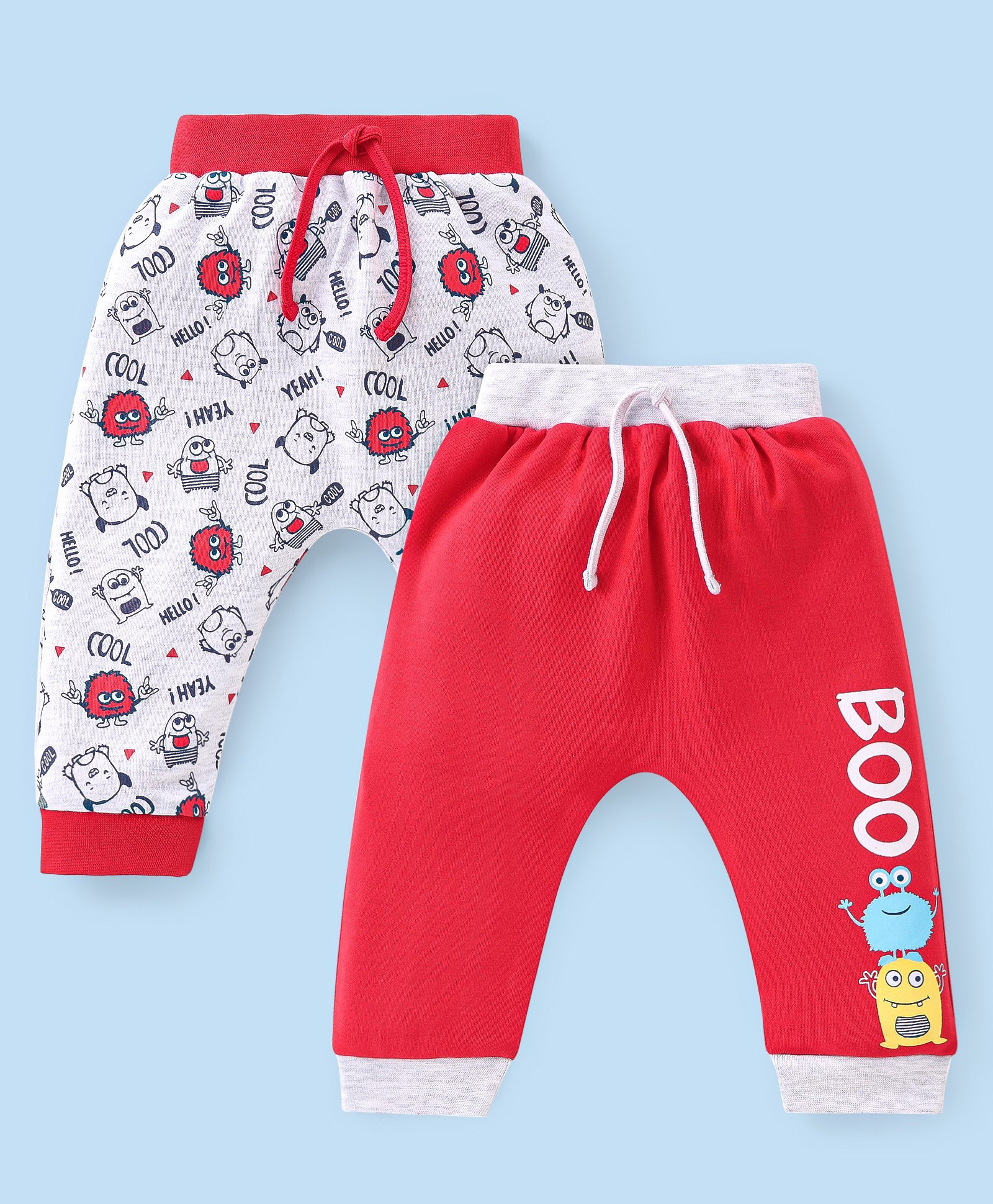 Babyhug Cotton Full Length Monster Printed Diaper Pants Pack of 2 - Red & Grey-image-14