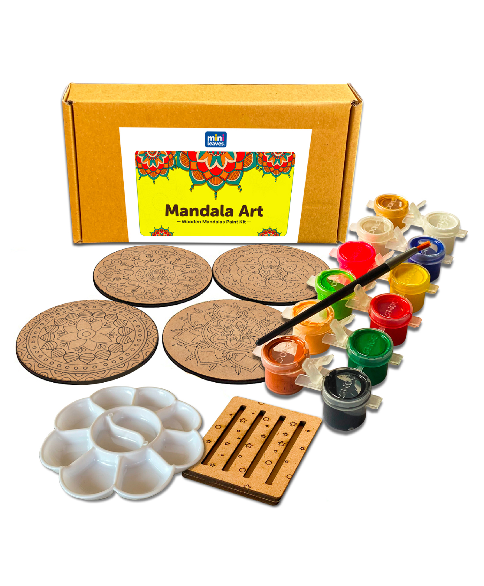 minileaves Mini Leaves Wooden Mandala Painting Art and Craft Kit with Wooden Stand- Advance Level| Tea Coaster DIY Art and Craft Kit for 9 to 12 Years Set of 4-picture-6