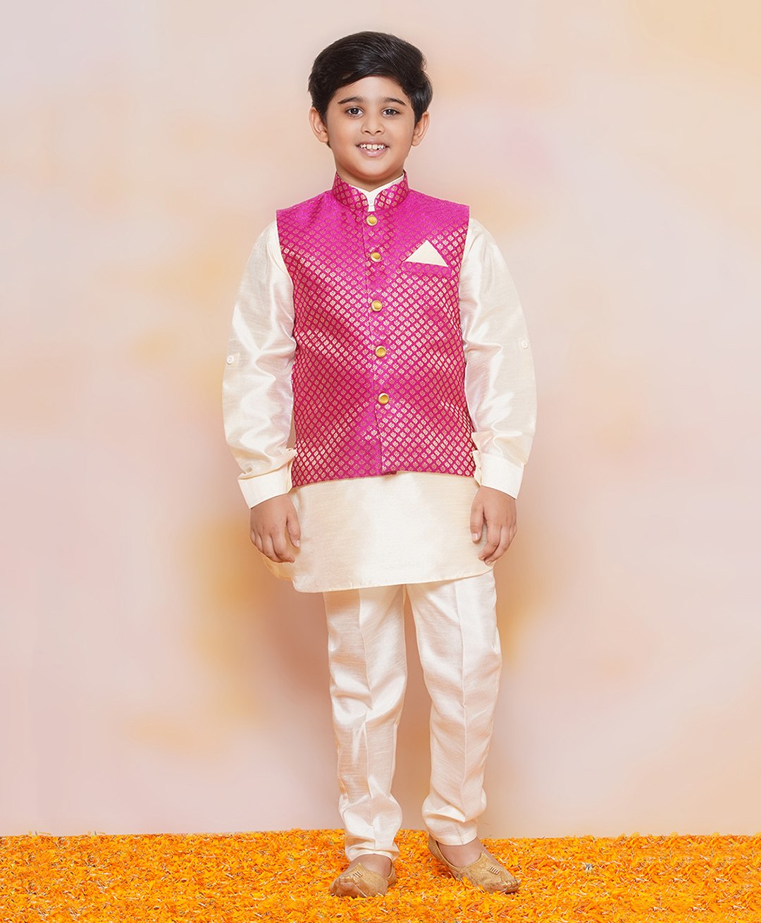 AJ Dezines Full Sleeves Solid Curved Hem Detailed Kurta & Pyjama With Seamless Motif Designed Waistcoat - Pink & Cream-image-0