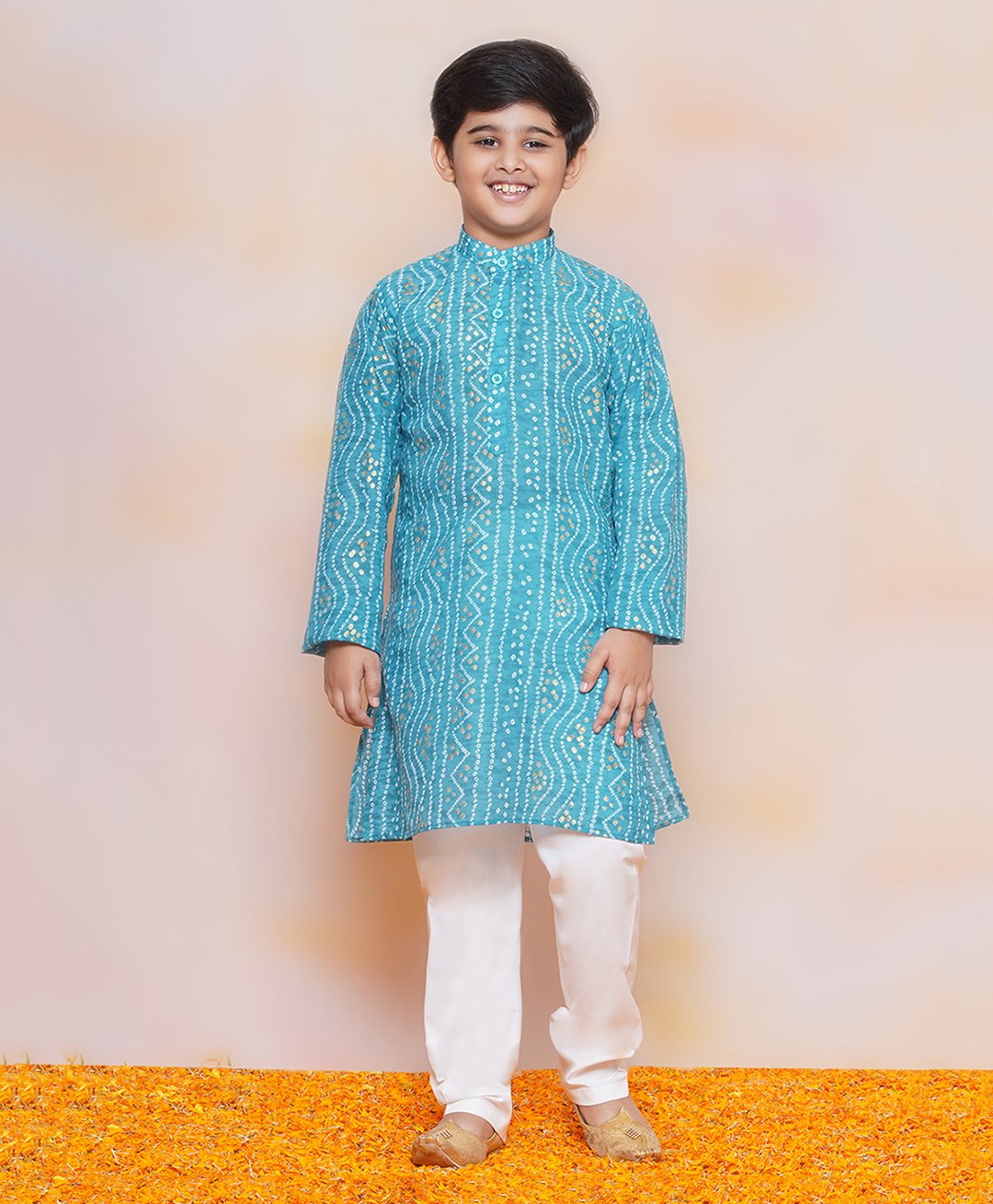 AJ Dezines Full Sleeves Seamless Bandhej Bands Designed Kurta With Pyjama - Blue-image-28