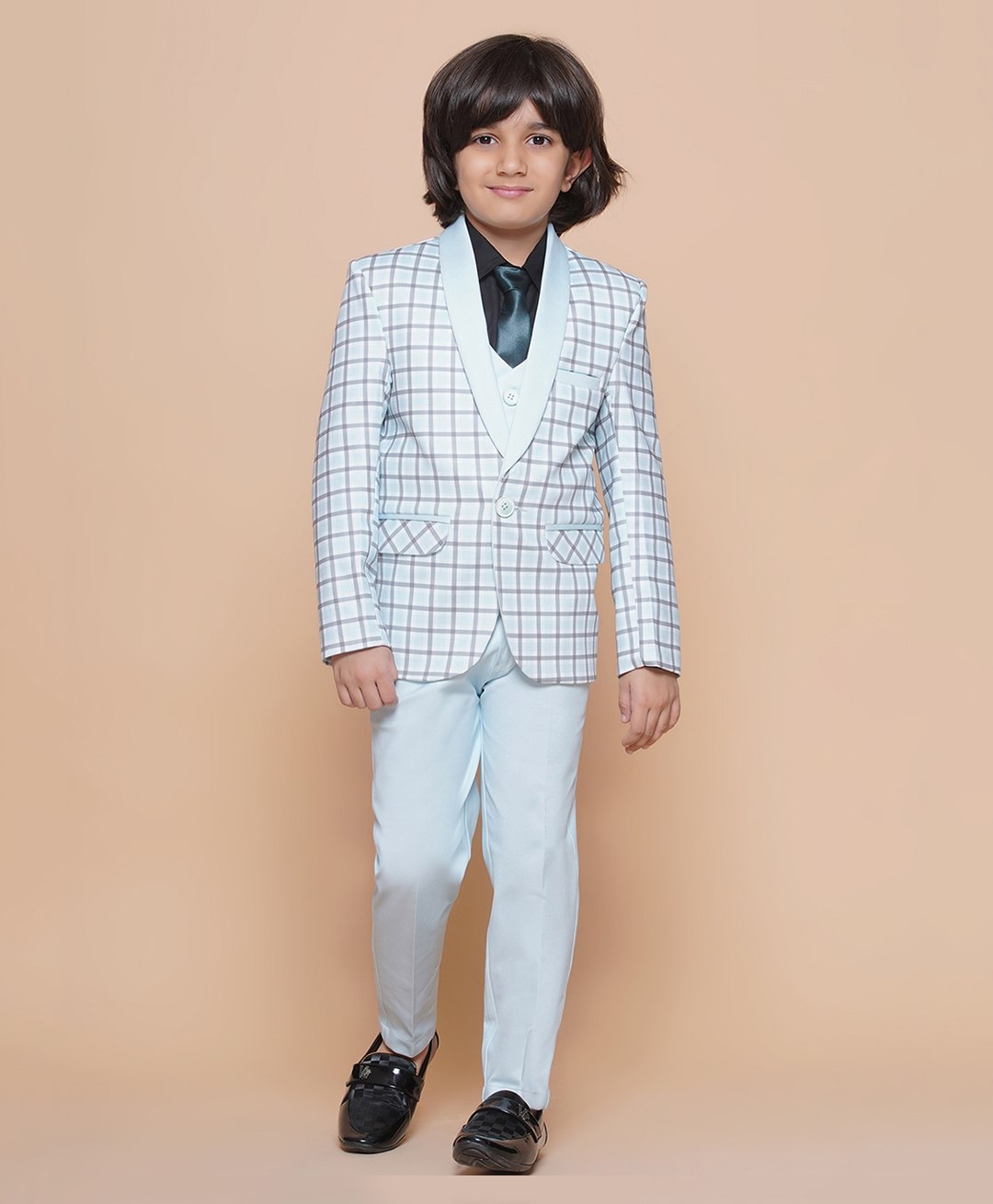 AJ Dezines Full Sleeves Graph Checked Shawl Collared 5 Piece Suit Set - Sky Blue-image-15