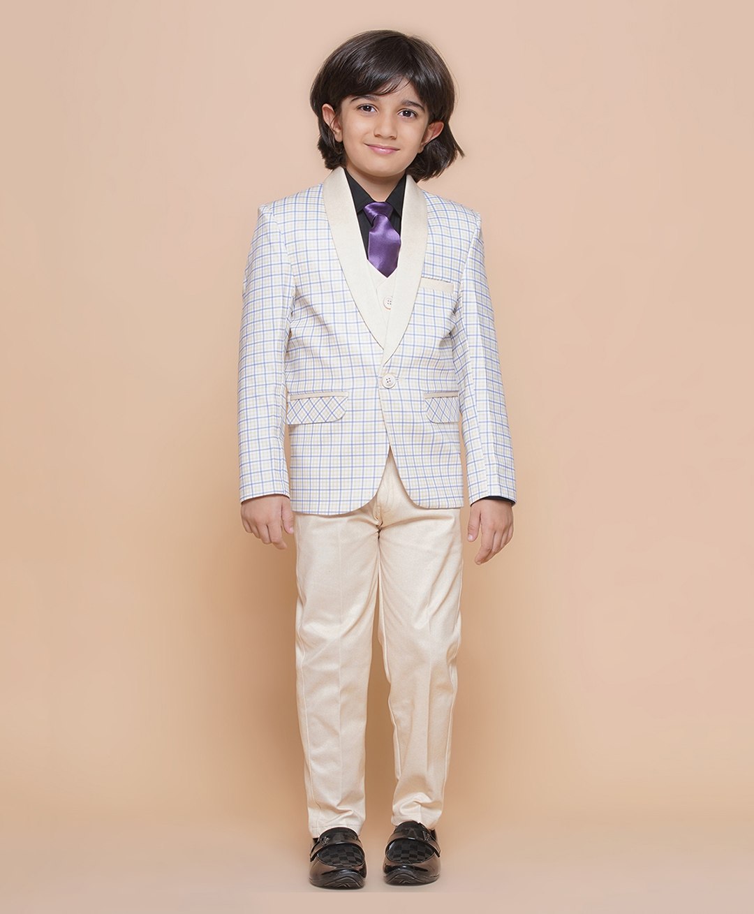 AJ Dezines Full Sleeves Graph Checked 5 Piece Shawl Collared Suit Set - Light Green-image-12