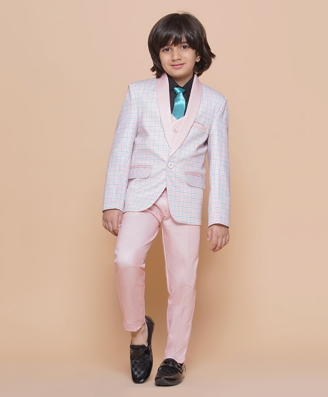 AJ Dezines Full Sleeves Tattersall Checked Shawl Collared 5 Piece Suit Set - Peach-picture-44