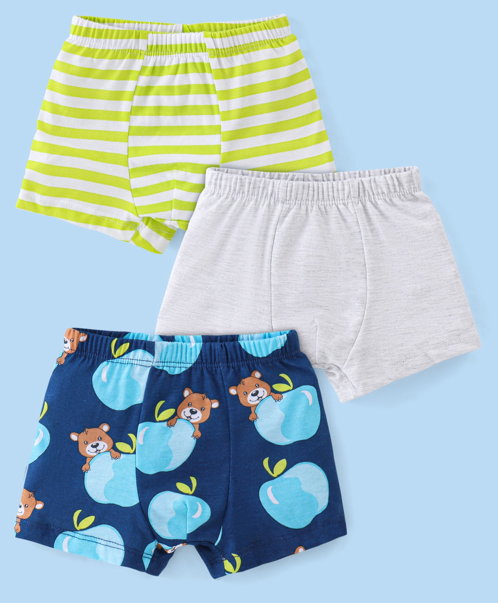 Babyhug 100% Cotton Single Jersey Trunks Teddy Print Pack Of 3 - Green Grey & Navy Blue-image-15
