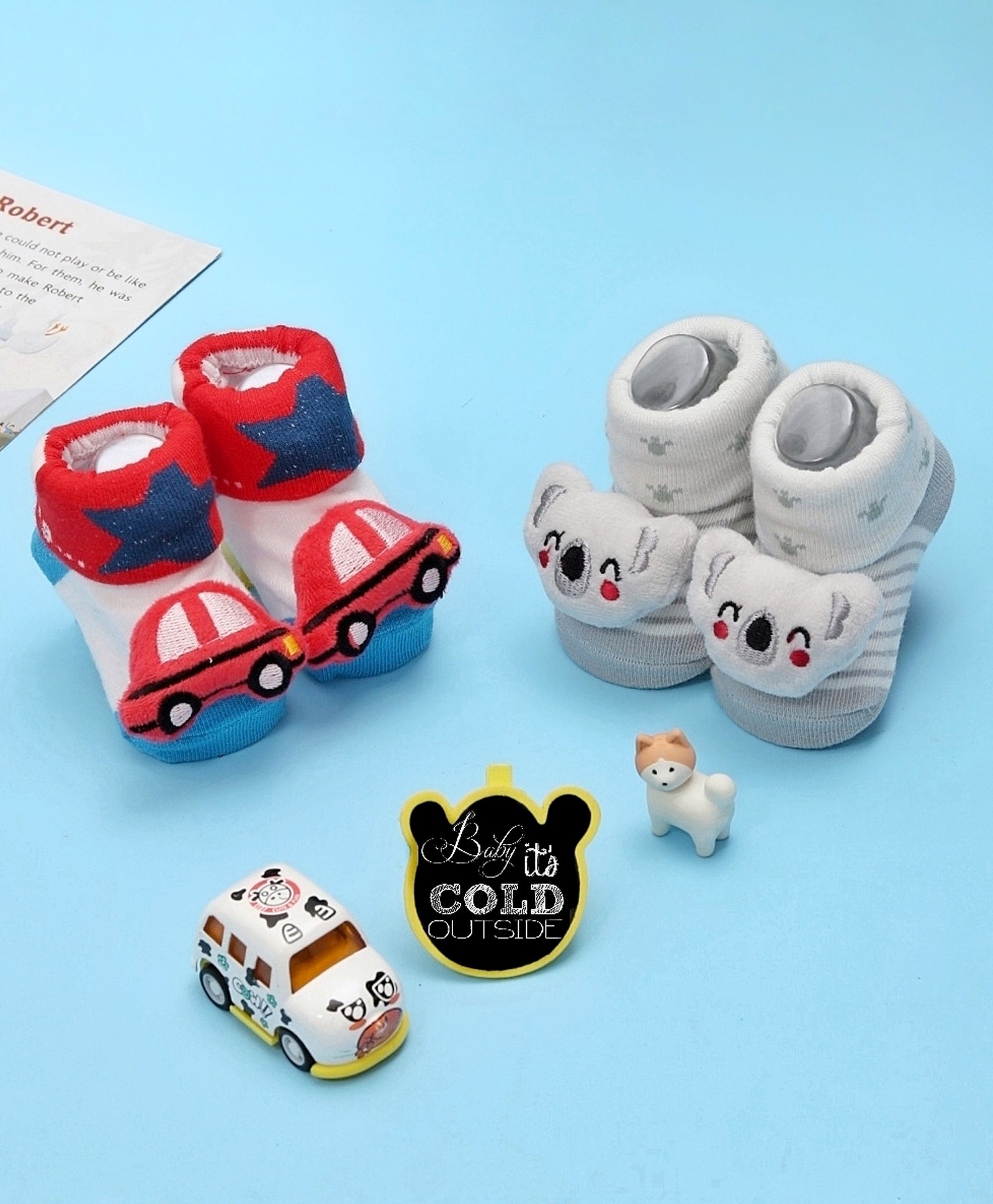 Yellow Bee Pack Of 2 Baby Koala And Car Applique Detailed Anti Skid Socks - Grey & Red-picture-30