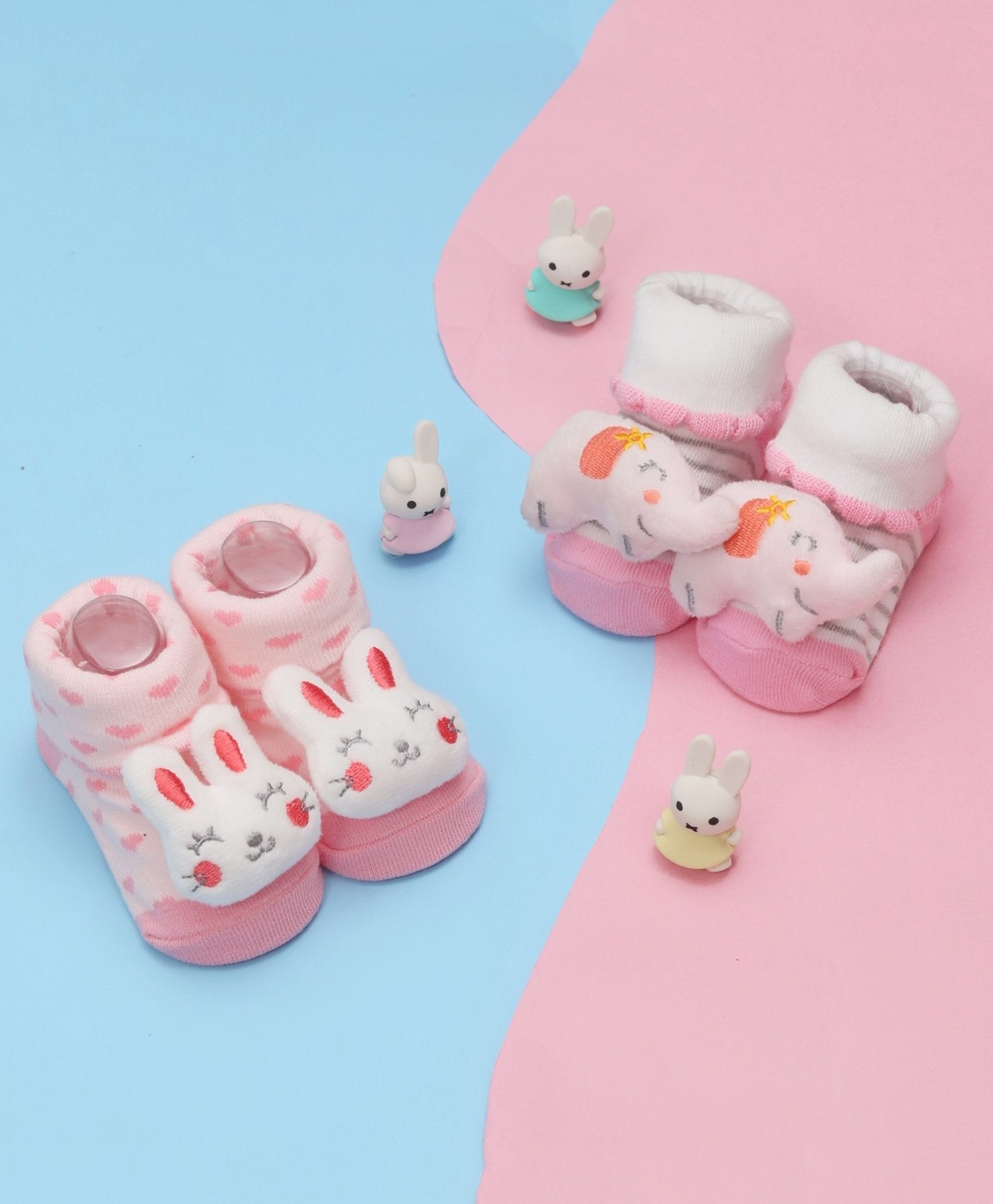 Yellow Bee Pack Of 2 Baby Elephant & Bunny Applique Detailed Anti Skid Socks - Pink & White-picture-29