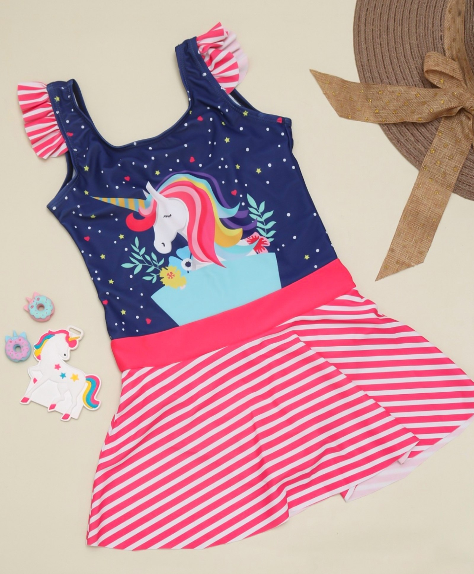 Yellow Bee Frill Sleeves Placement Unicorn Printed & Candy Striped Swimsuit Dress - Navy Blue & Pink-image-20