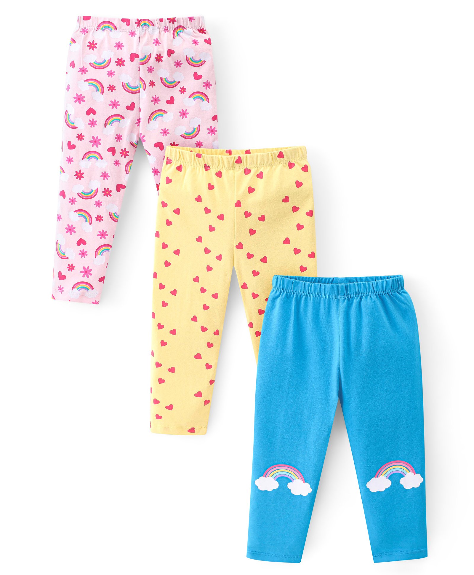 Babyhug Cotton Lycra Full Length Leggings With Heart & Floral Print Pack Of 3 - Multicolor-image-49