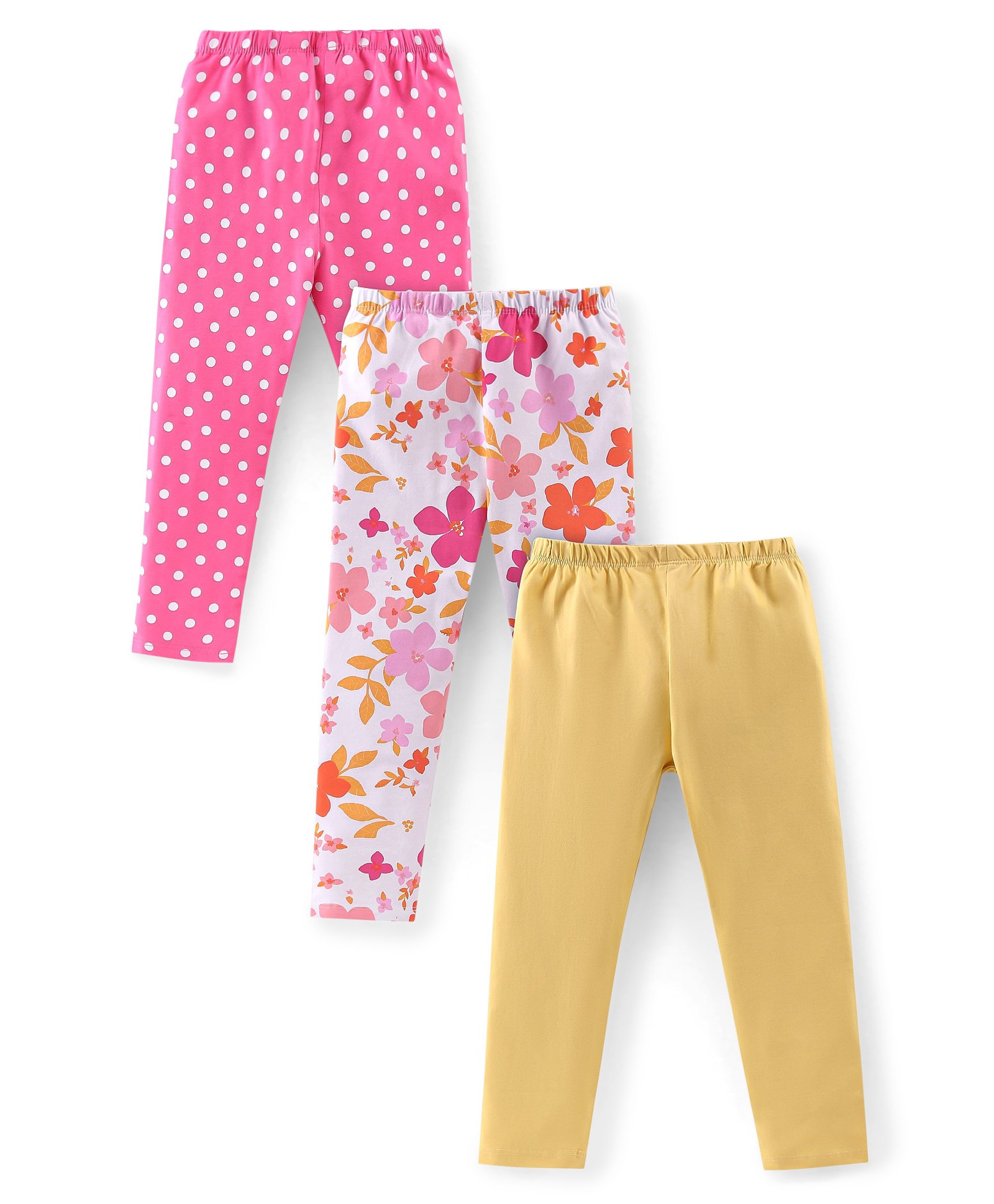 Babyhug Cotton Lycra Knit Floral Printed Leggings Pack of 3 - Pink White & Beige-picture-16