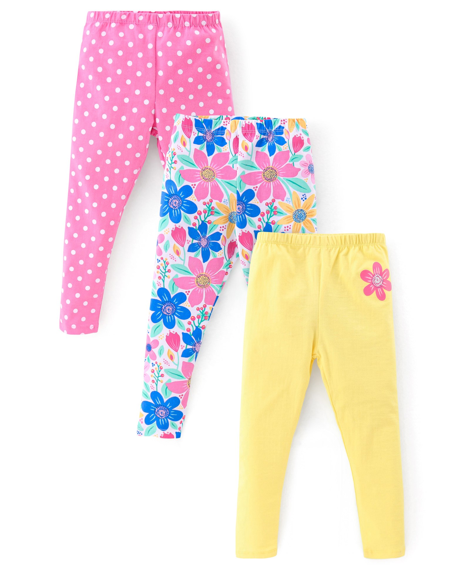 Babyhug Cotton Lycra Full Length Leggings Floral Printed Pack of 3 - Pink Yellow & Blue-image-47