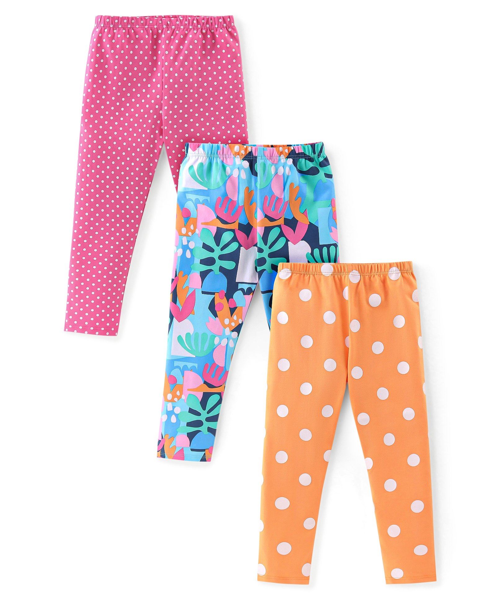 Babyhug Cotton Lycra Knit Full Length Tropical & Polka Dots Printed Leggings Pack of 3 - Pink Blue & Orange-picture-26