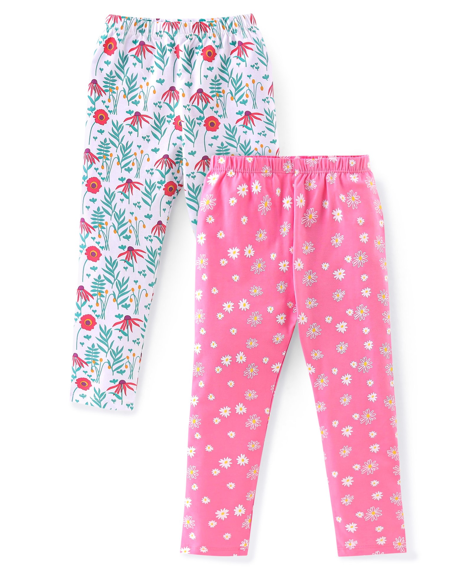 Babyhug Cotton Lycra Knit Full Length Stretchable Legging Floral Print Pack Of 2 - White & Pink-image-31