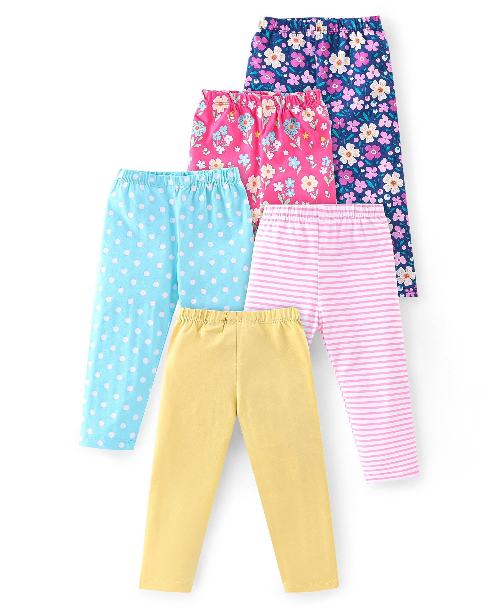 Babyhug Cotton Lycra Full Length Leggings With Floral Print & Polka Dots Print Pack Of 5 - Multicolour-picture-26