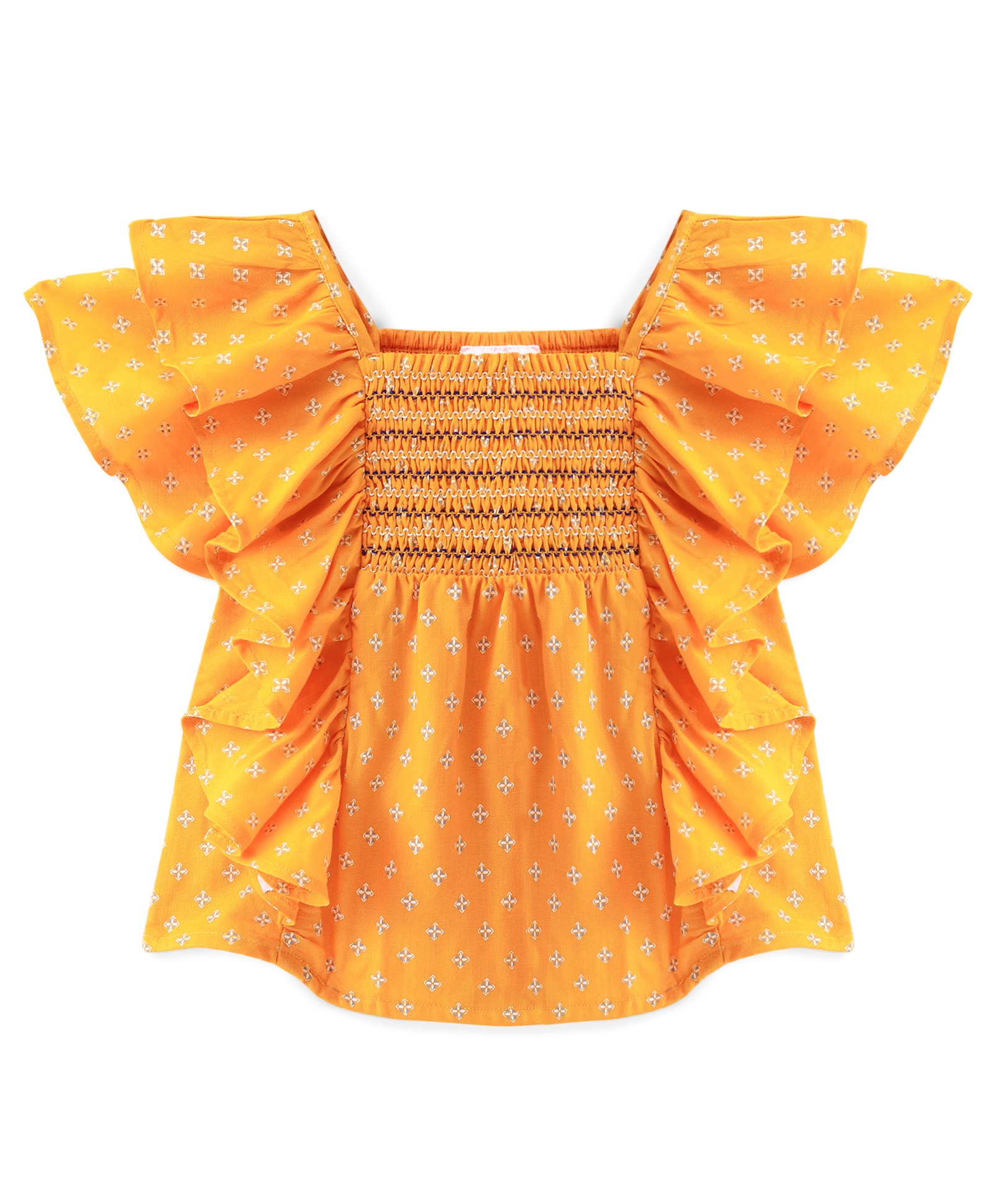 Babyhug 100% Rayon Woven Half Sleeves Floral Printed Top with Frill & Smocking Detailing - Mustard-image-10