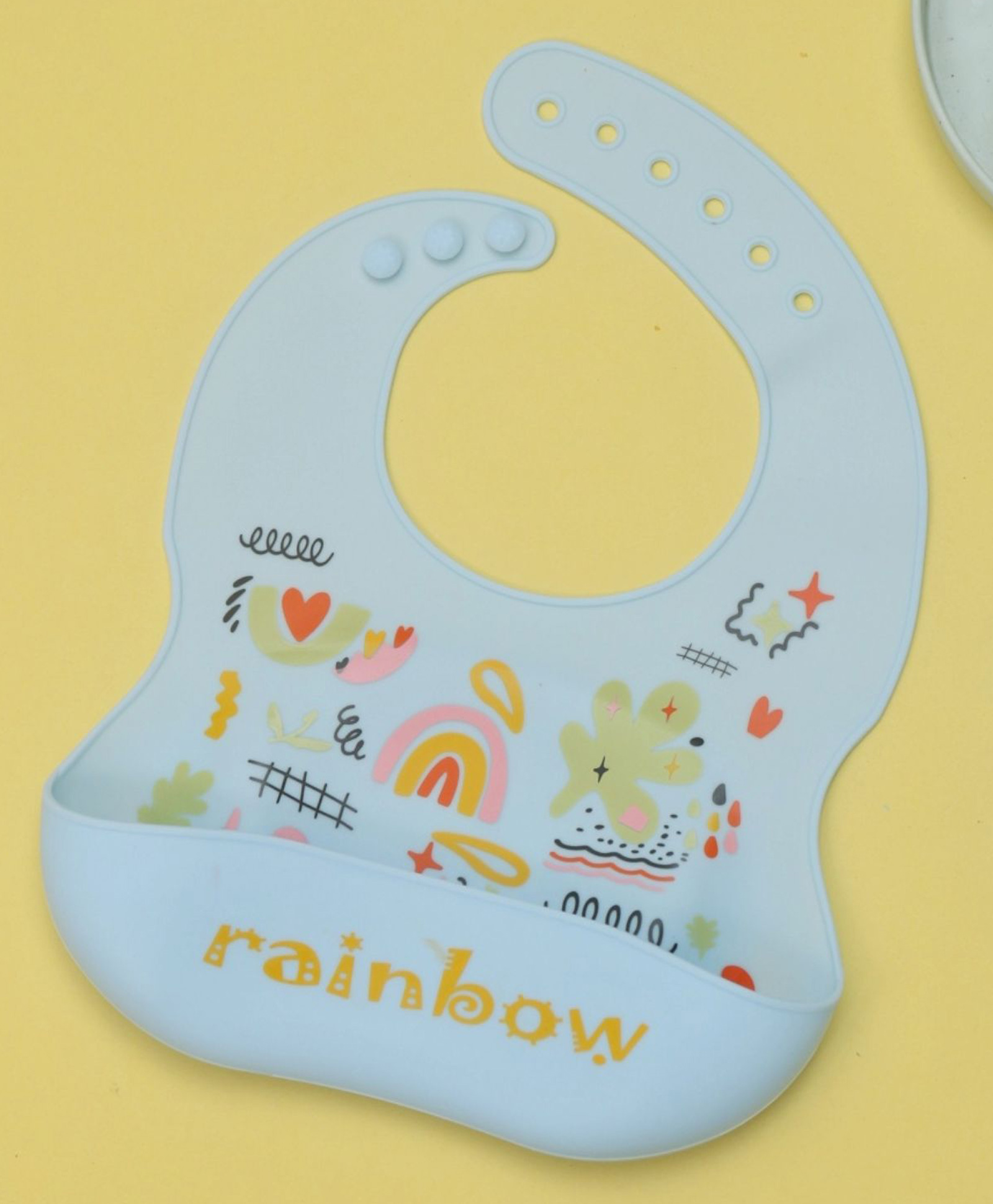Yellow Bee Rainbow Print Bib with Crumb Catcher and Adjustable Closure  Blue-image-20