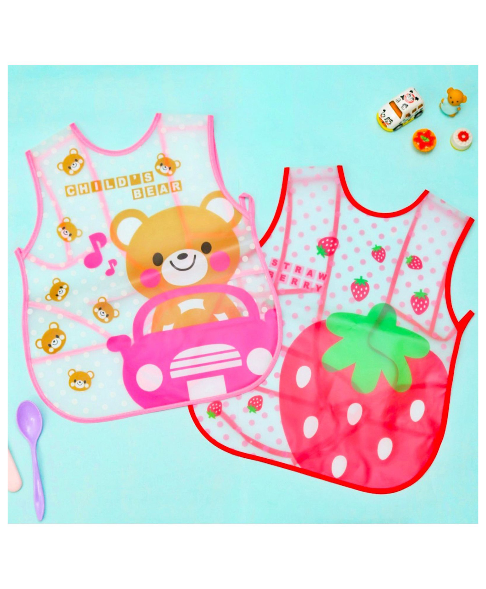 Yellow Bee Plastic Strawberry and Teddy Print Bib with Adjustable Closure- Set of 2 for Girls Red and Pink-image-41