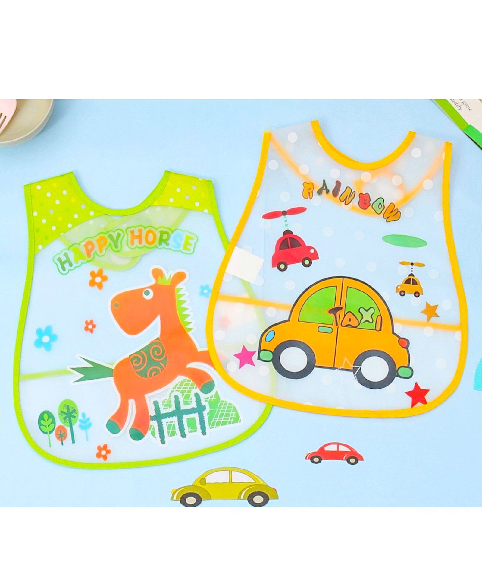 Yellow Bee Plastic Car and Giraffe Print Bib with Adjustable Closure Set of 2 for Boys Yellow and Green-image-31
