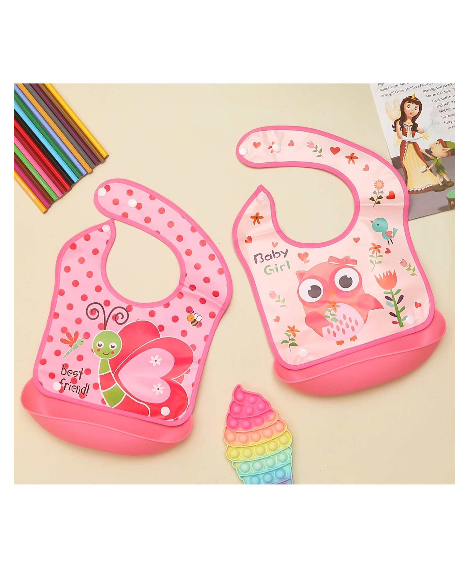 Yellow Bee Polyester Owl and Butterfly Print Bib with Crumb Catcher and Adjustable Closure for Girls Peach Pink-picture-12