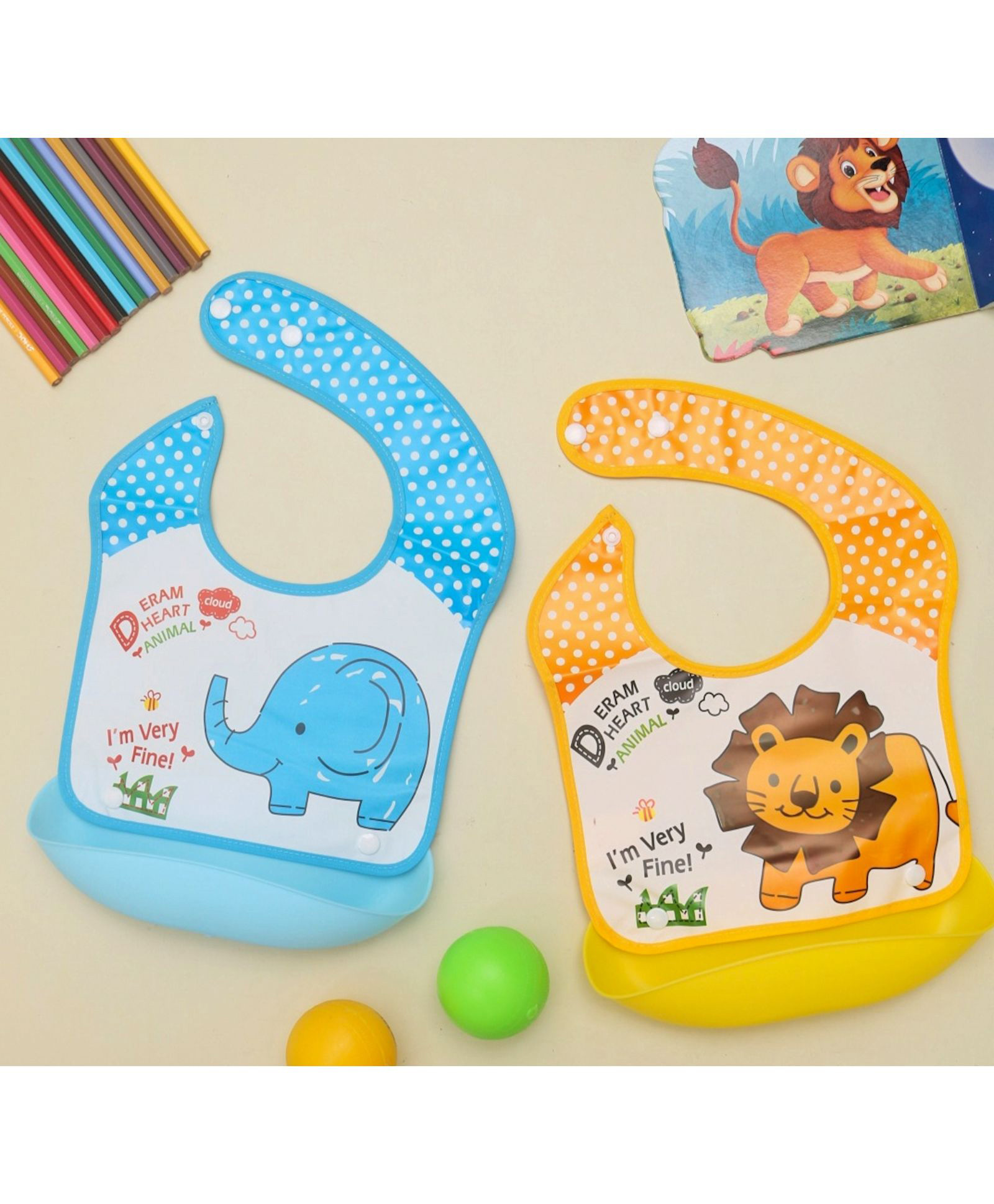 Yellow Bee Polyester Elephant and Lion Print Bib with Adjustable Closure for Boys  Blue and Yellow-picture-14