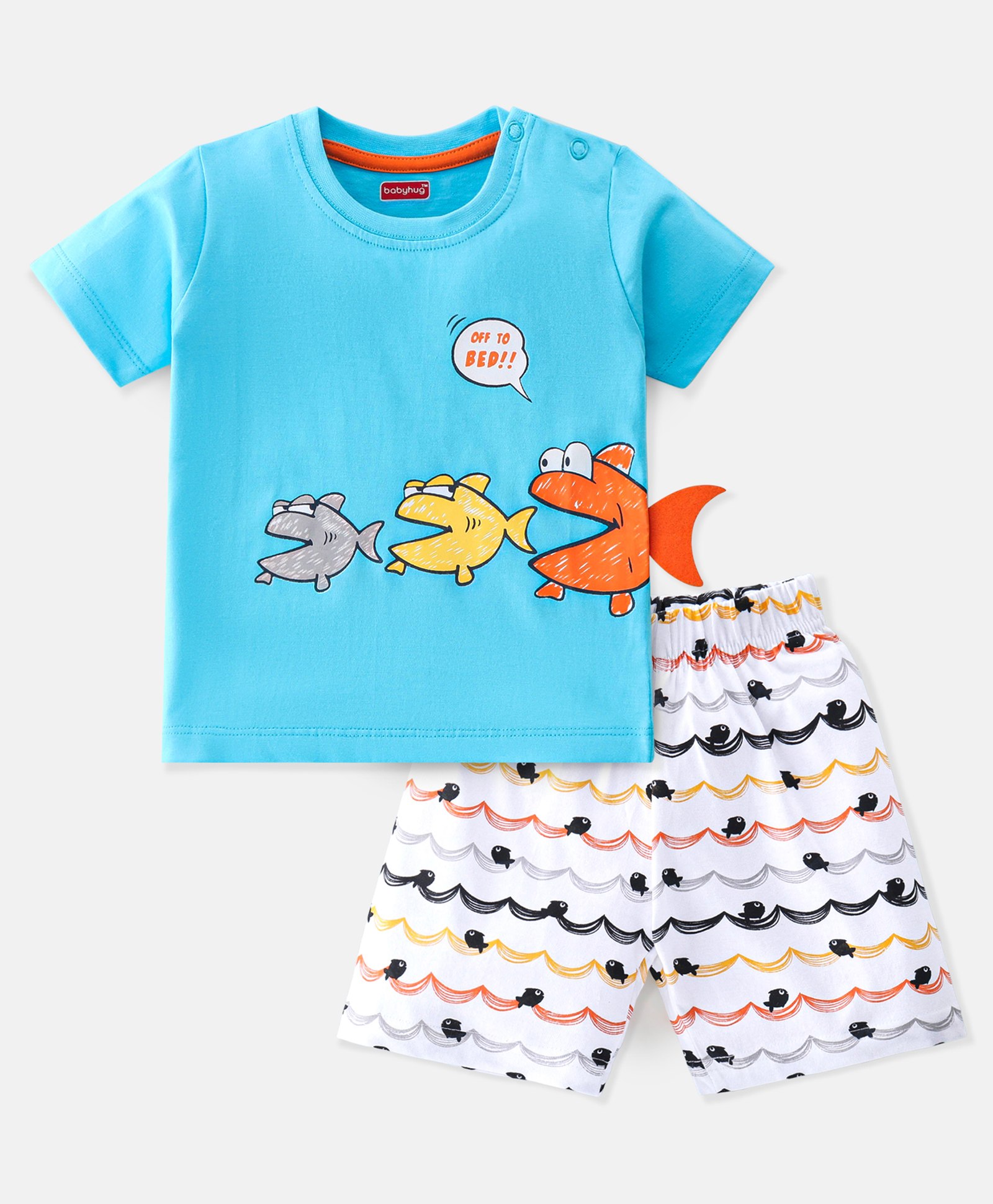 Babyhug Single Jersey Cotton Knit Half Sleeves Fish Printed Night Suit - Blue-picture-26