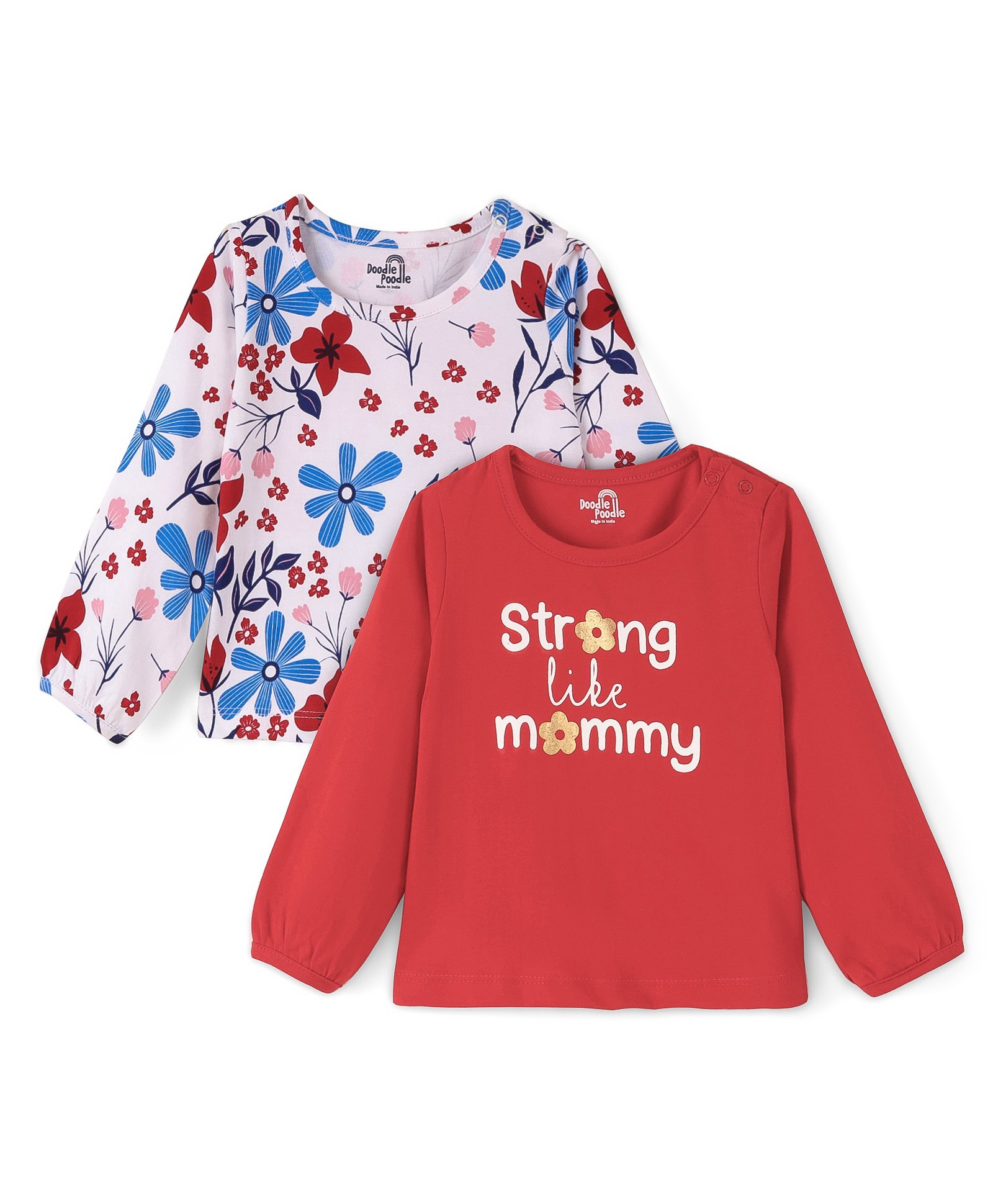 Doodle Poodle 100% Cotton Full Sleeves T-Shirts Floral & Text Print Pack of 2 - White & Red-picture-44
