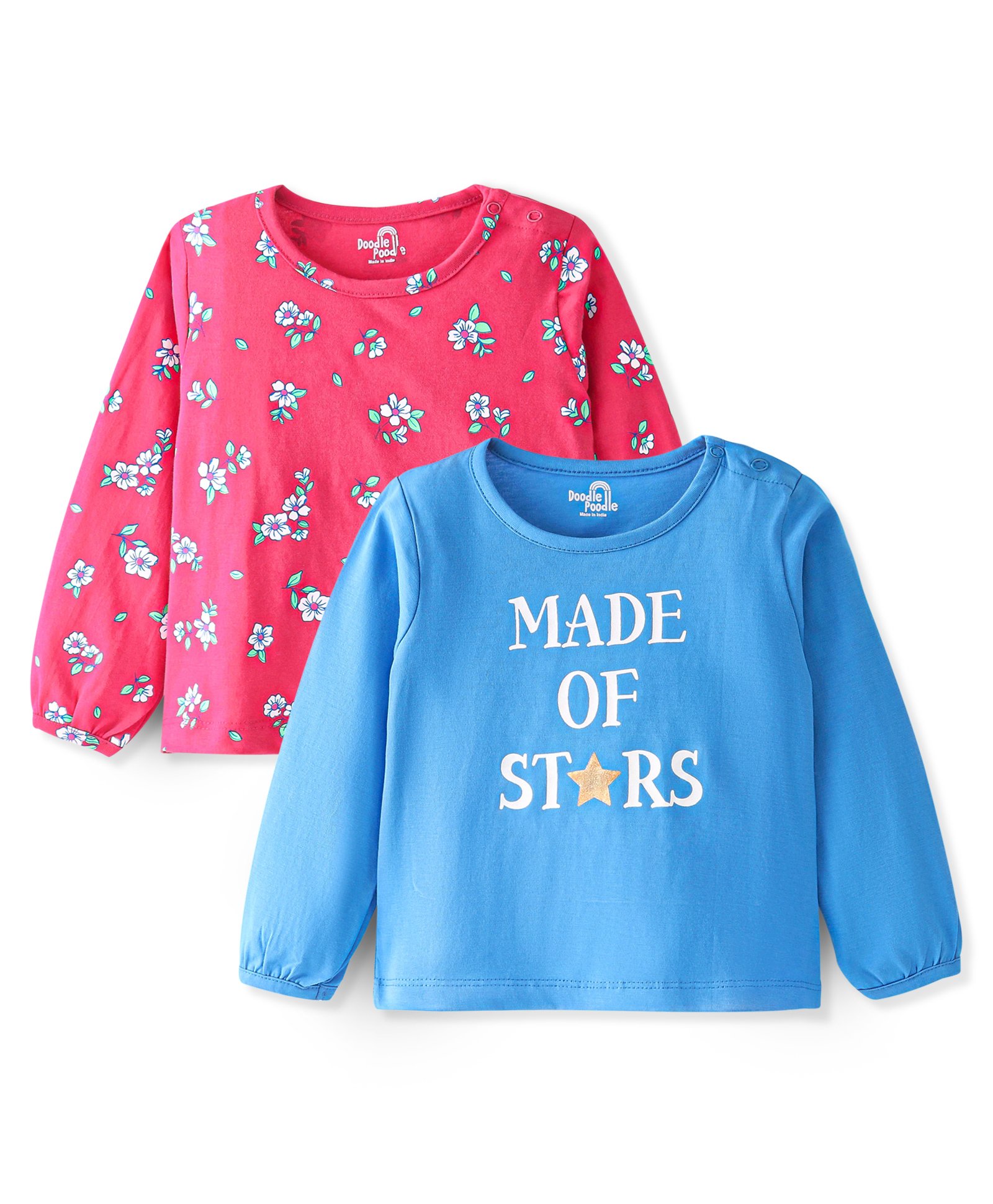 Doodle Poodle 100% Cotton T-Shirt With Print & Floral Pack Of 2- Pink & Blue-picture-45
