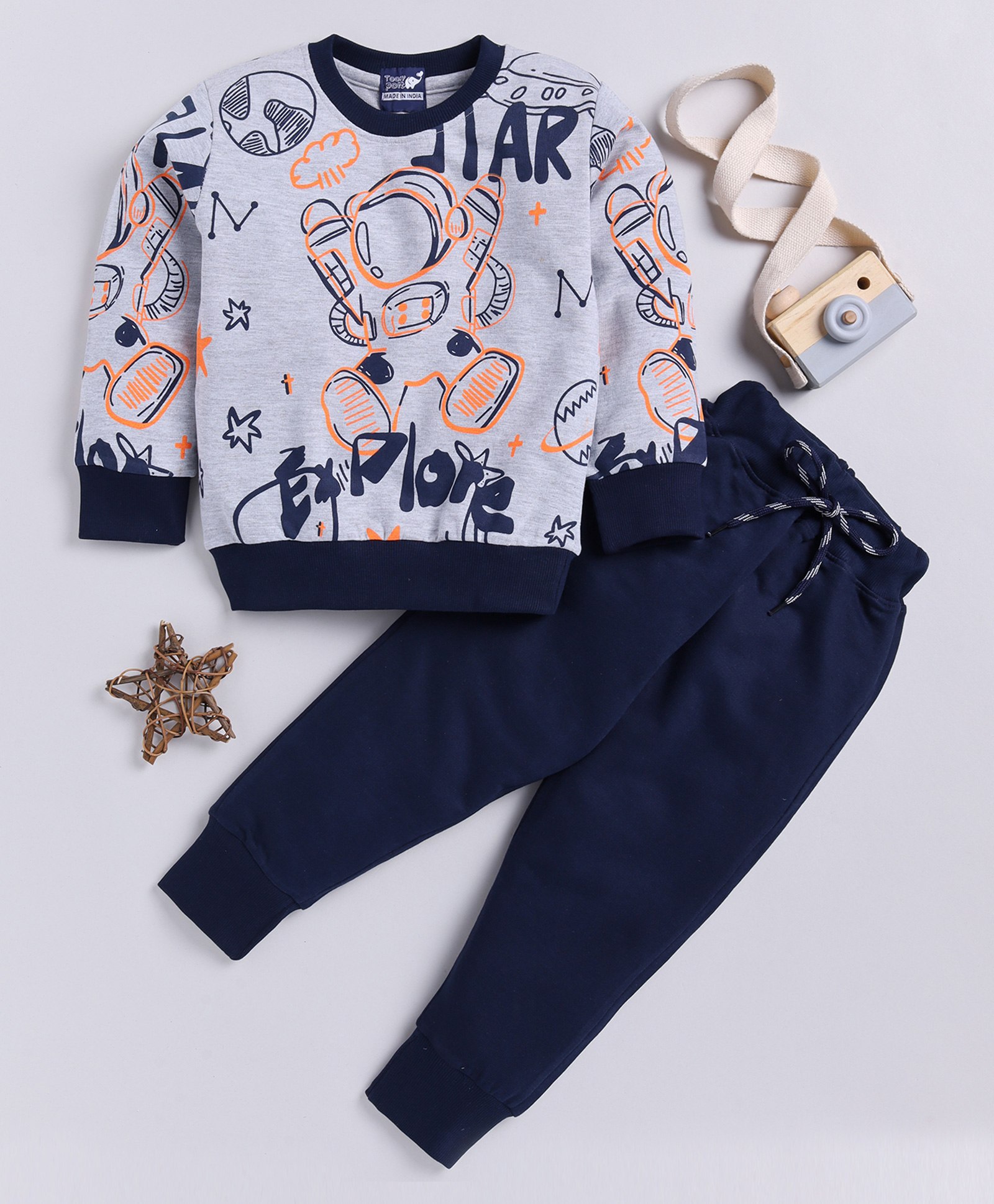 TOONYPORT Full Sleeves Space Theme Astronaut Printed Looper Knitted Sweatshirt & Joggers Set - Grey & Navy Blue-image-6