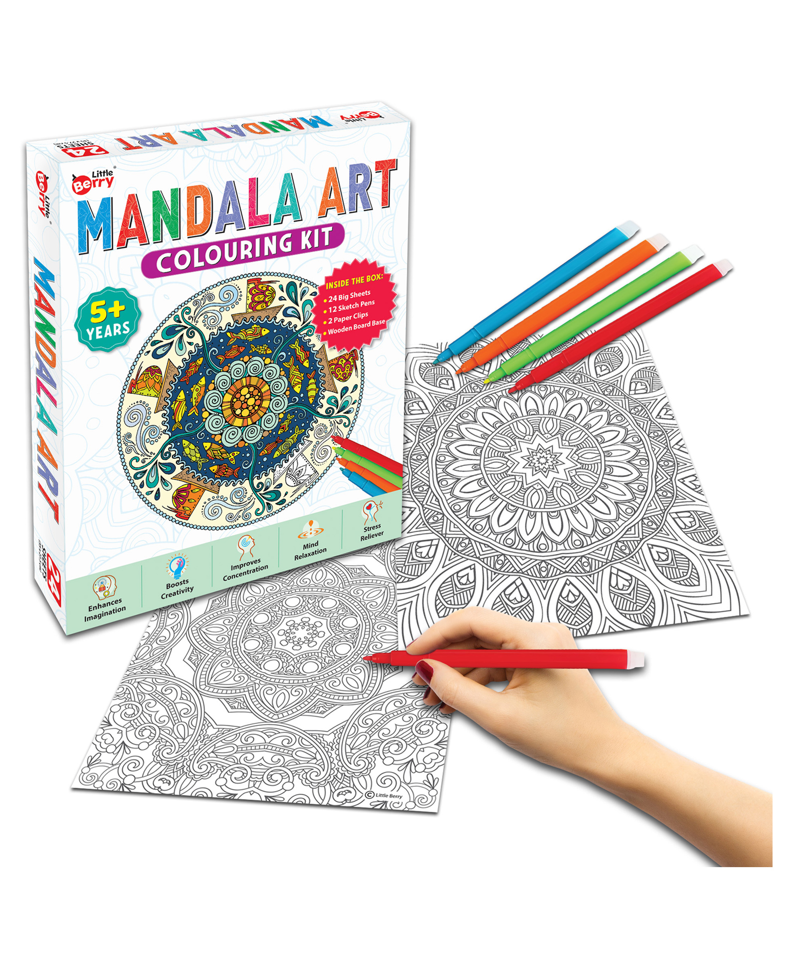 Little Berry Mandala Art Colouring Kit With 24 Big Sheets and 12 Sketch Pens for Girls & Boys - Multicolour-picture-25