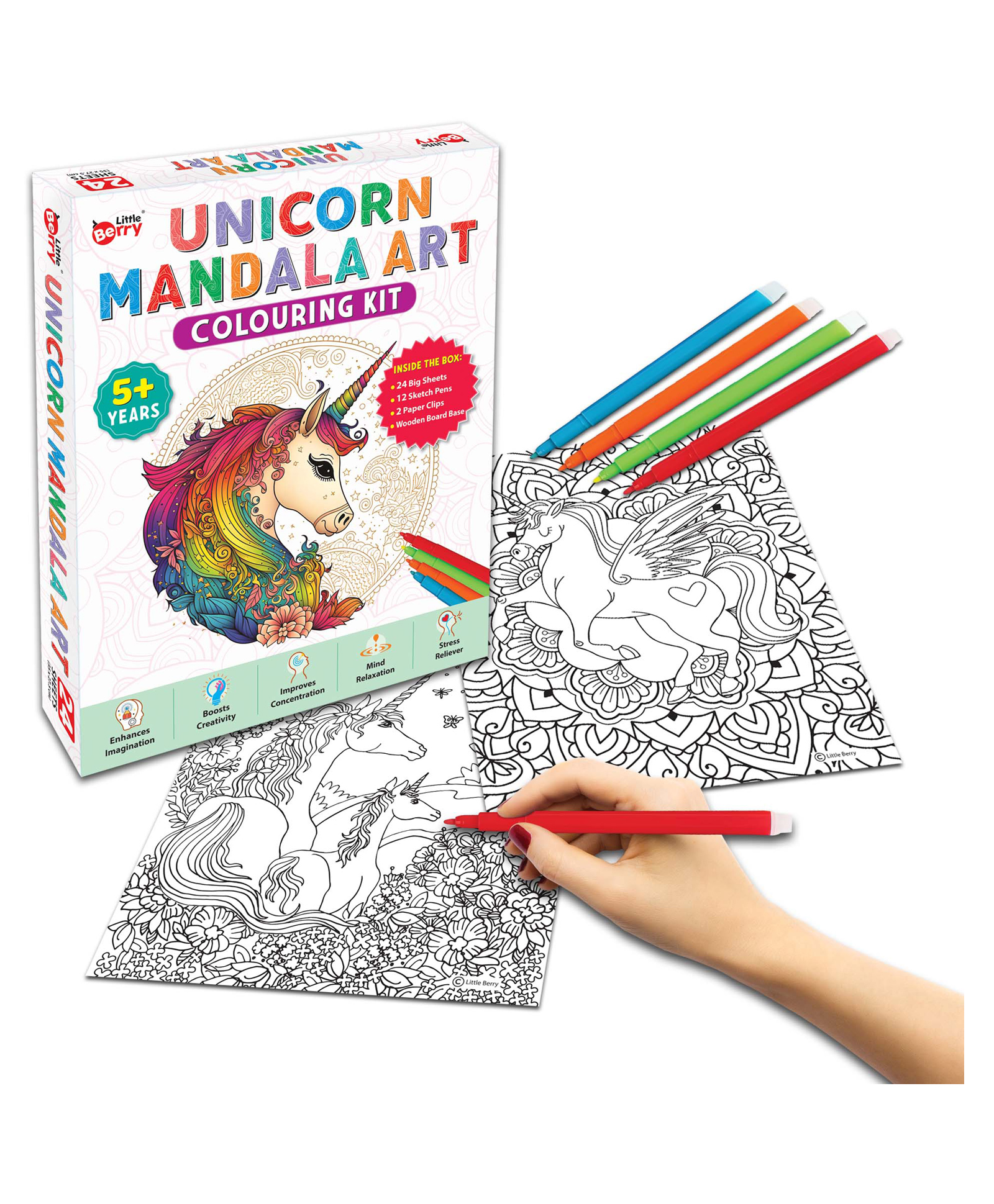 Little Berry Unicorn Mandala Art Colouring Kit With 24 Big Sheets and 12 Sketch Pens for Girls & Boys - Multicolour-picture-14