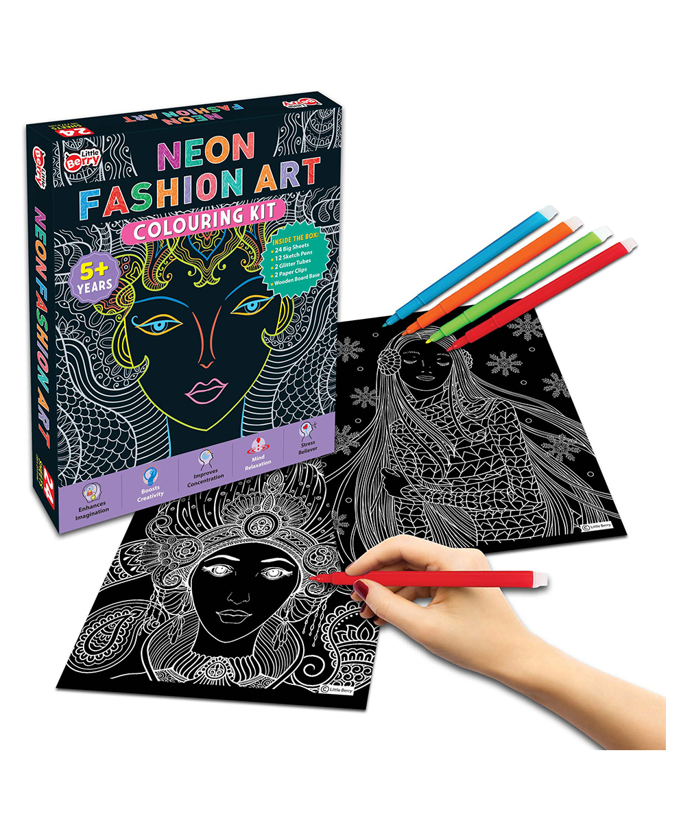 Little Berry Neon Fashion Mandala Art Colouring Kit With 24 Big Sheets, 12 Sketch Pens and Glitter Tubes for Girls & Boys - Multicolour-picture-22