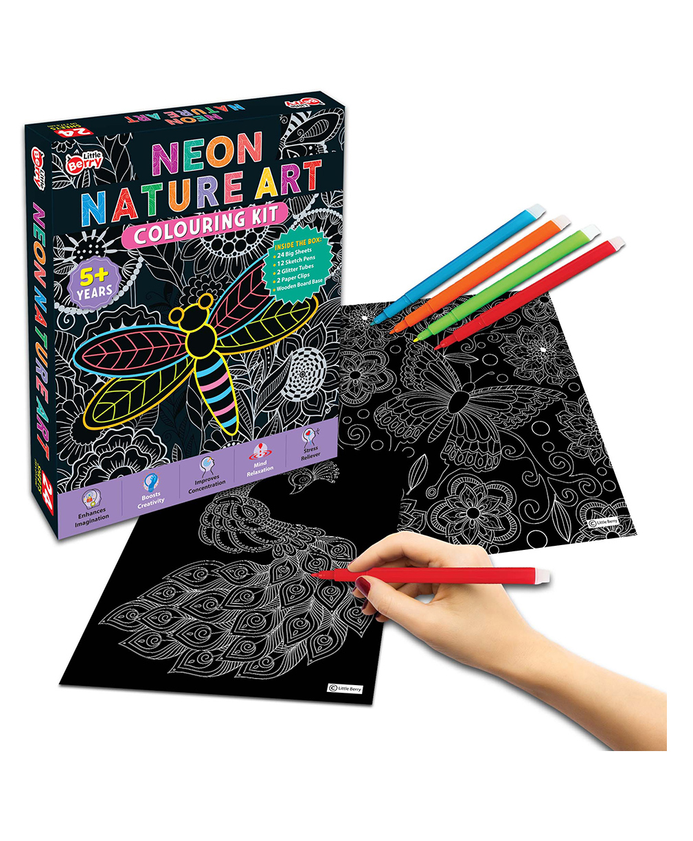 Little Berry Neon Nature Mandala Art Colouring Kit With 24 Big Sheets, 12 Sketch Pens and Glitter Tubes for Girls & Boys - Multicolour-image-28