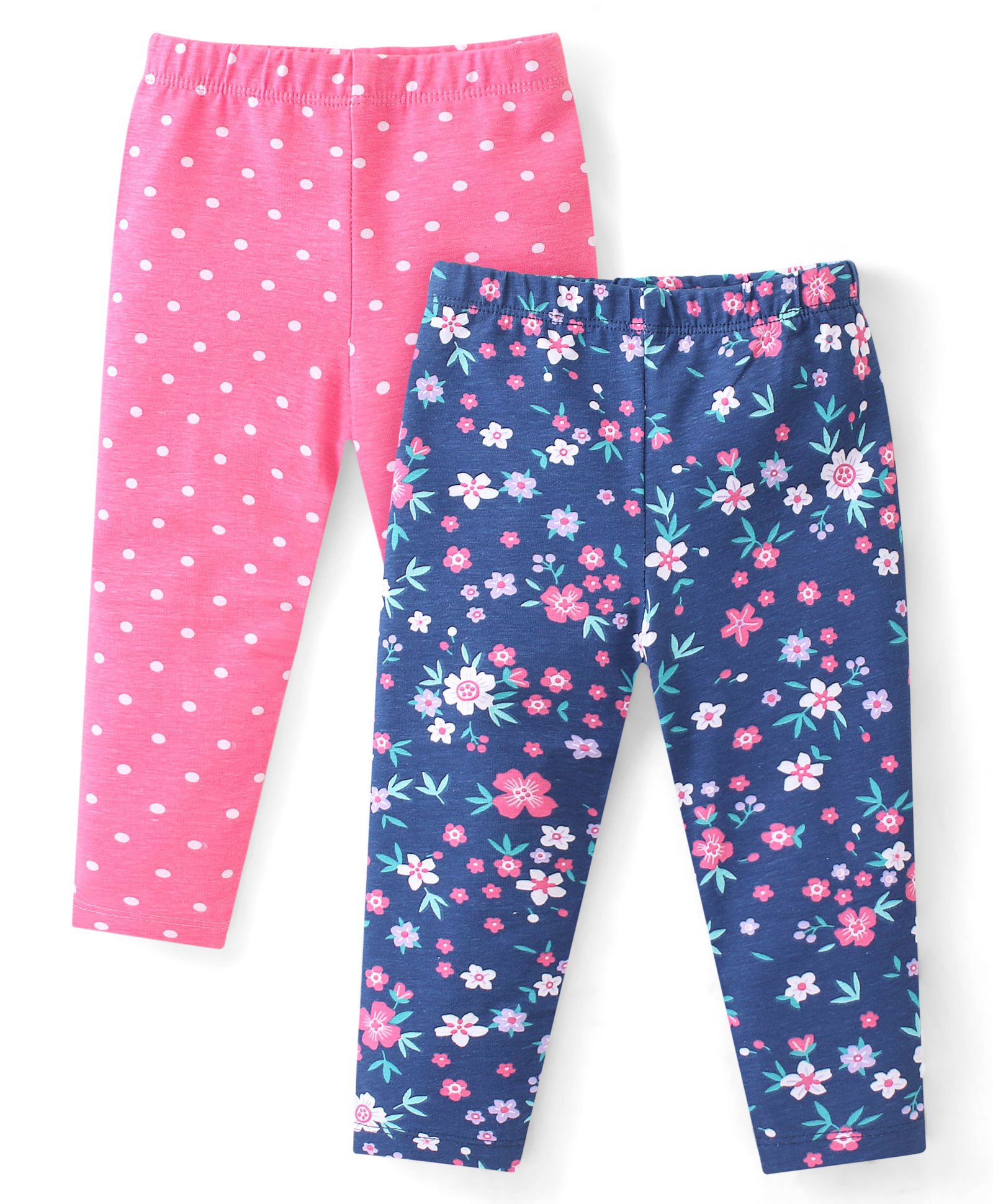 Babyhug Cotton Lycra Full Length Leggings with Floral & Polka Dots Print Pack Of 2 - Pink & Navy Blue-image-24