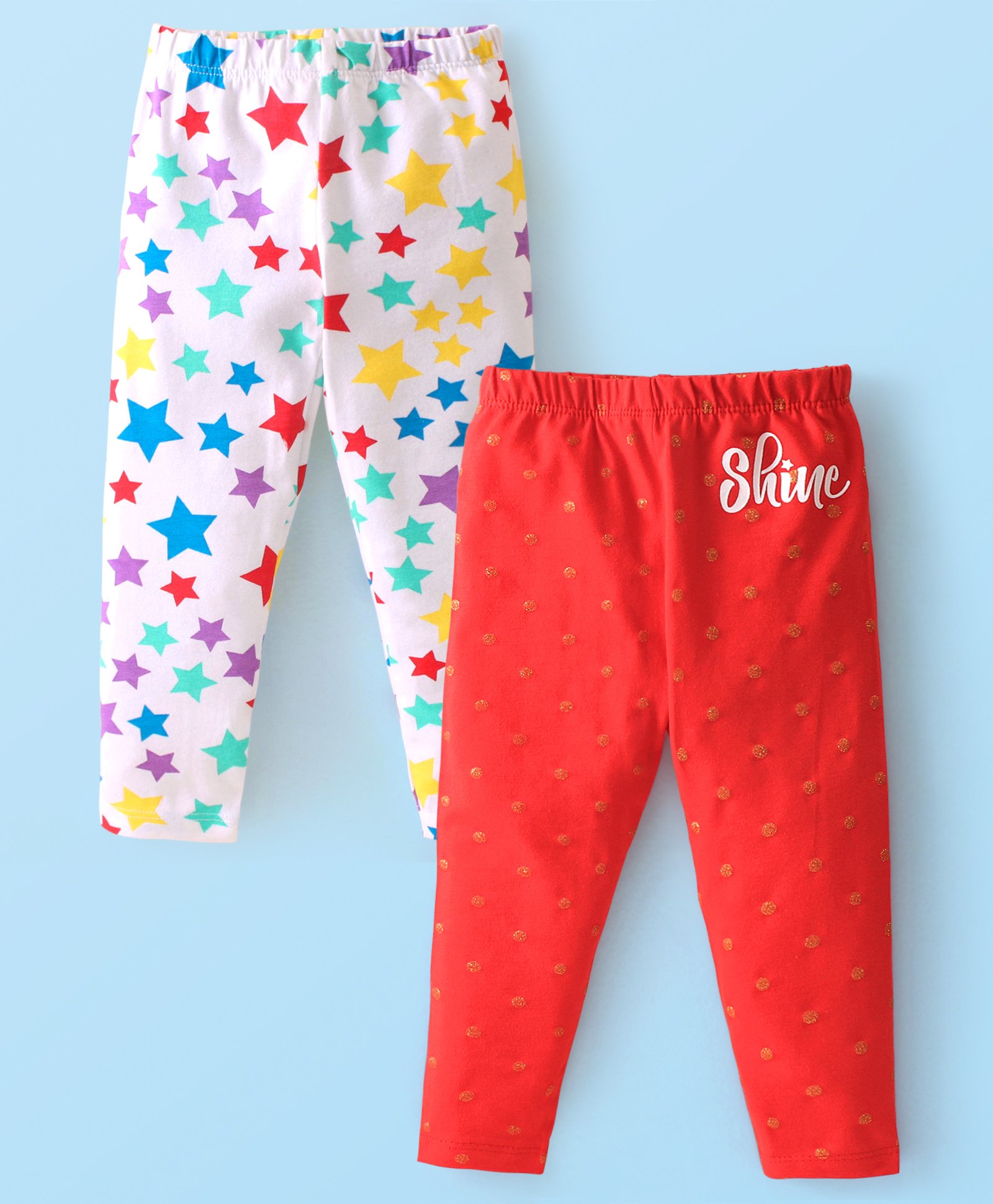 Babyhug Cotton Lycra Full Length Leggings Star & Text Print Pack of 2 - Multicolour-picture-34