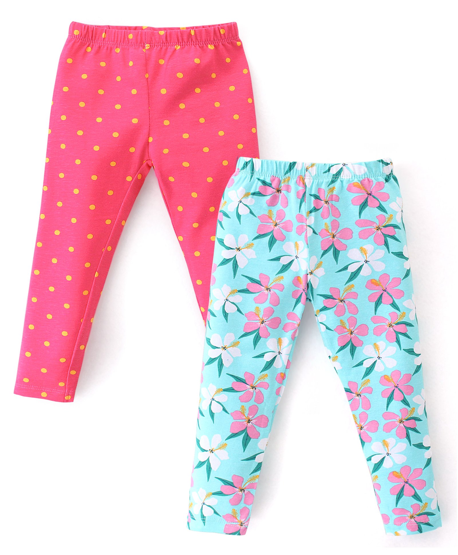 Babyhug Cotton Lycra Knit Full Length Leggings With Strech Floral Print Pack of 2 - Pink & Blue-image-21