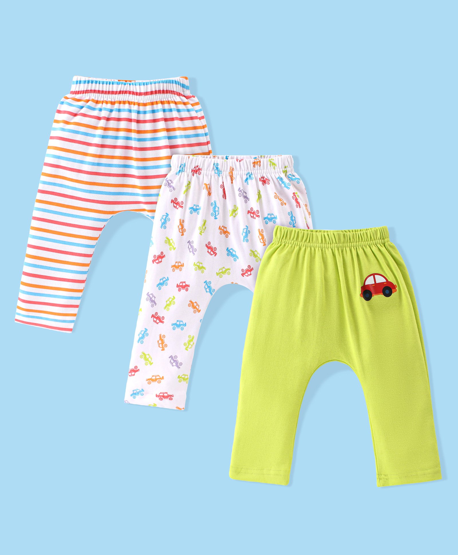 Babyhug Cotton Full Length Diaper Leggings Car & Stripes Print Pack Of 3- White & Green-picture-16