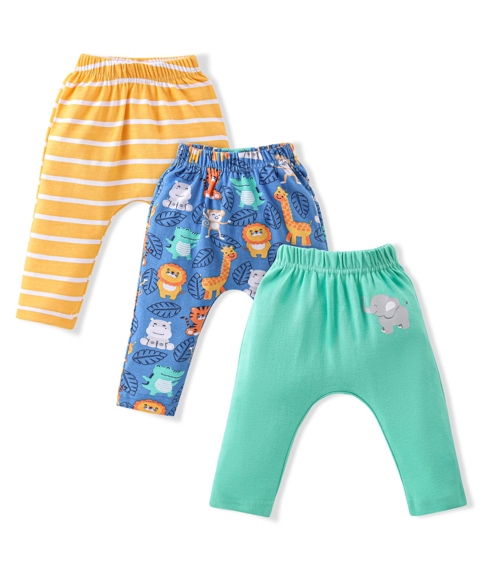 Babyhug Interlock Cotton Knit Full Length Lion Print Diaper Pants Pack of 3 - Blue Green & Yellow-image-14